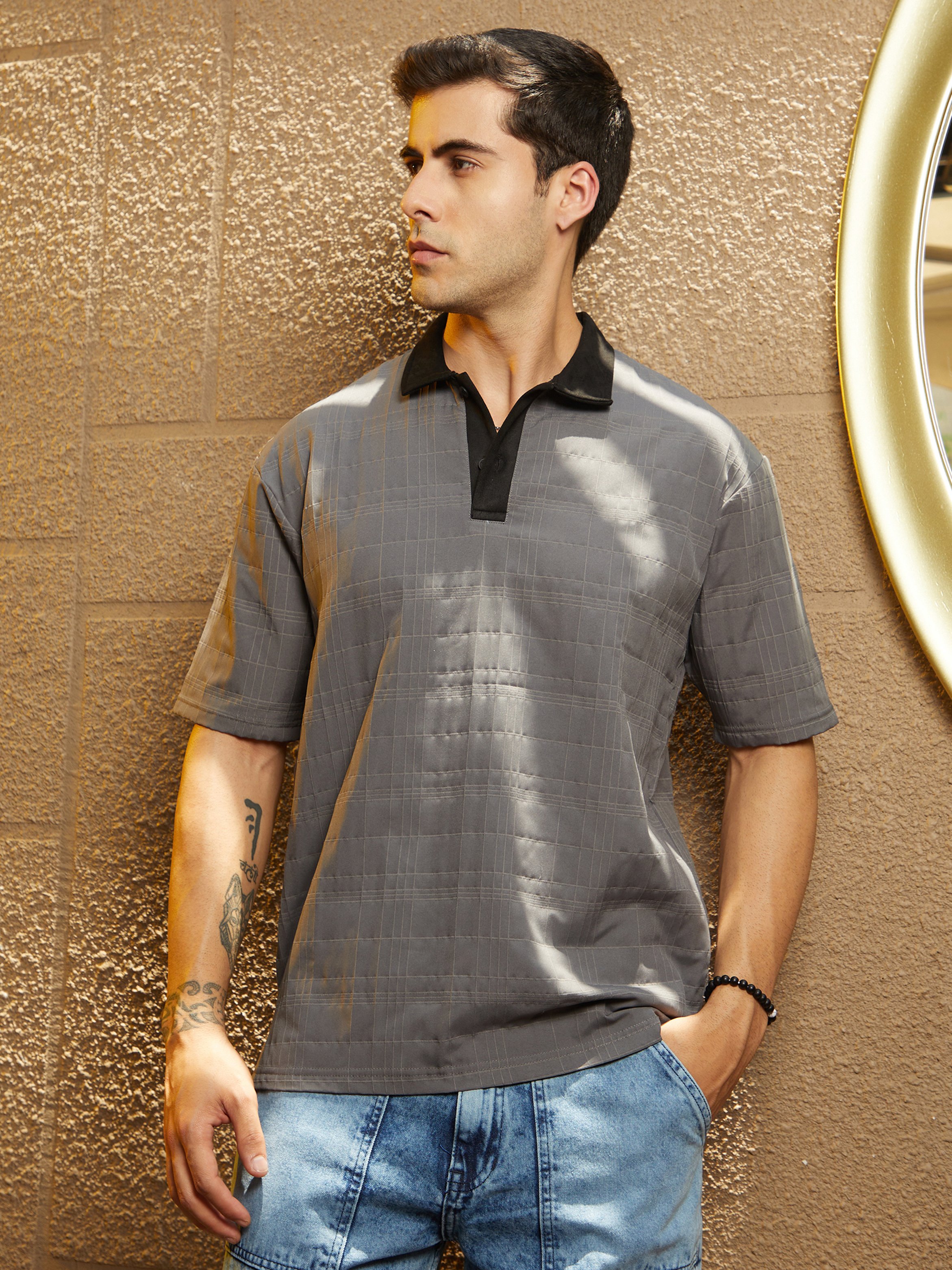 Men Grey Textured Contrast Grid Polo