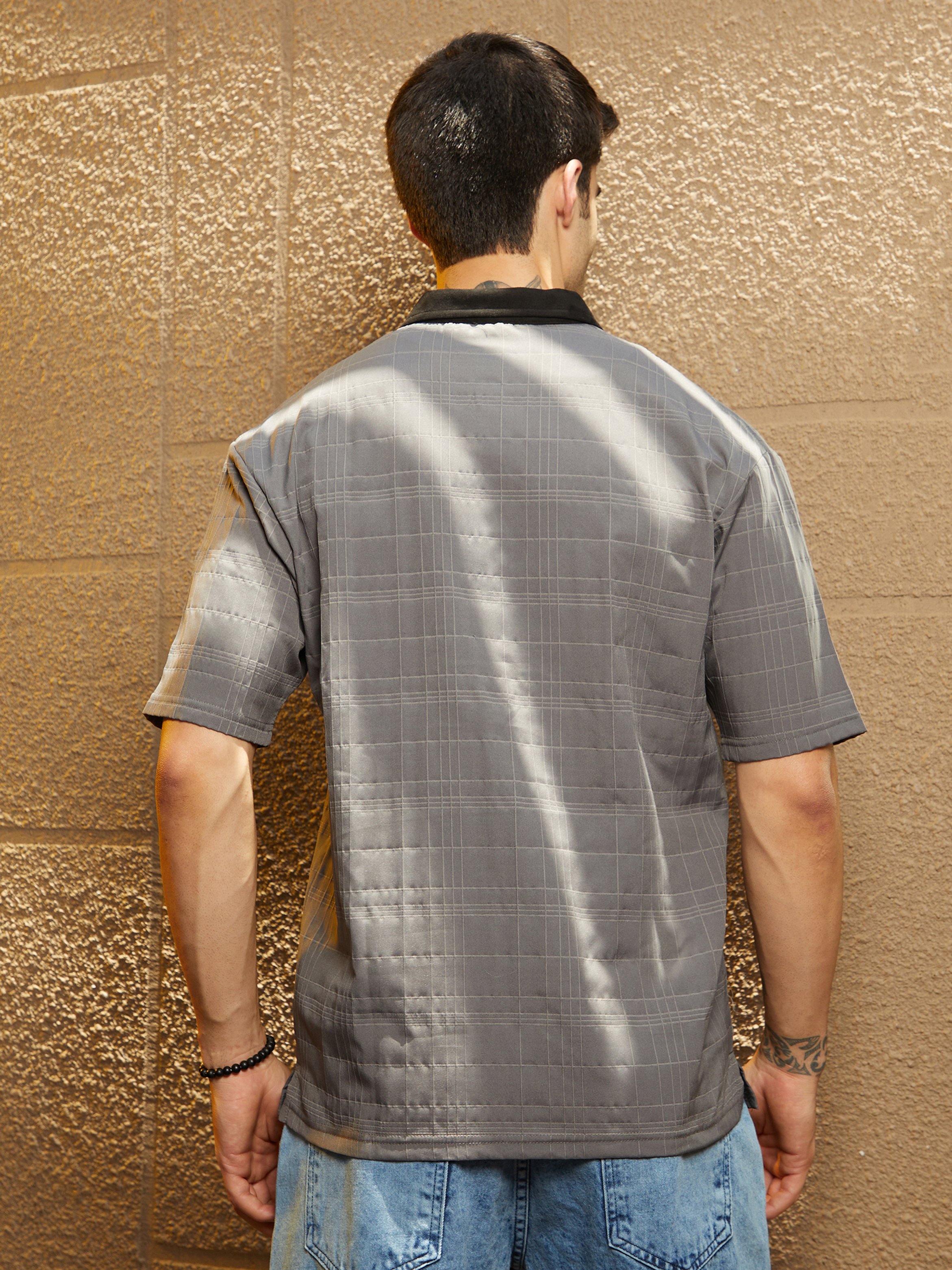 Men Grey Textured Contrast Grid Polo