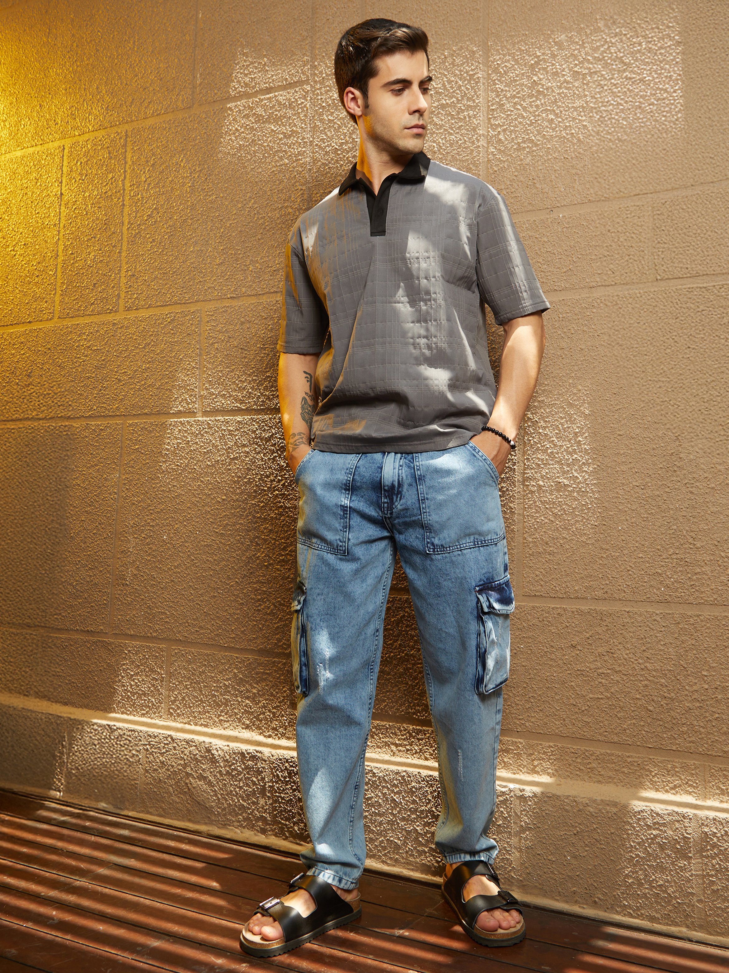 Men Grey Textured Contrast Grid Polo