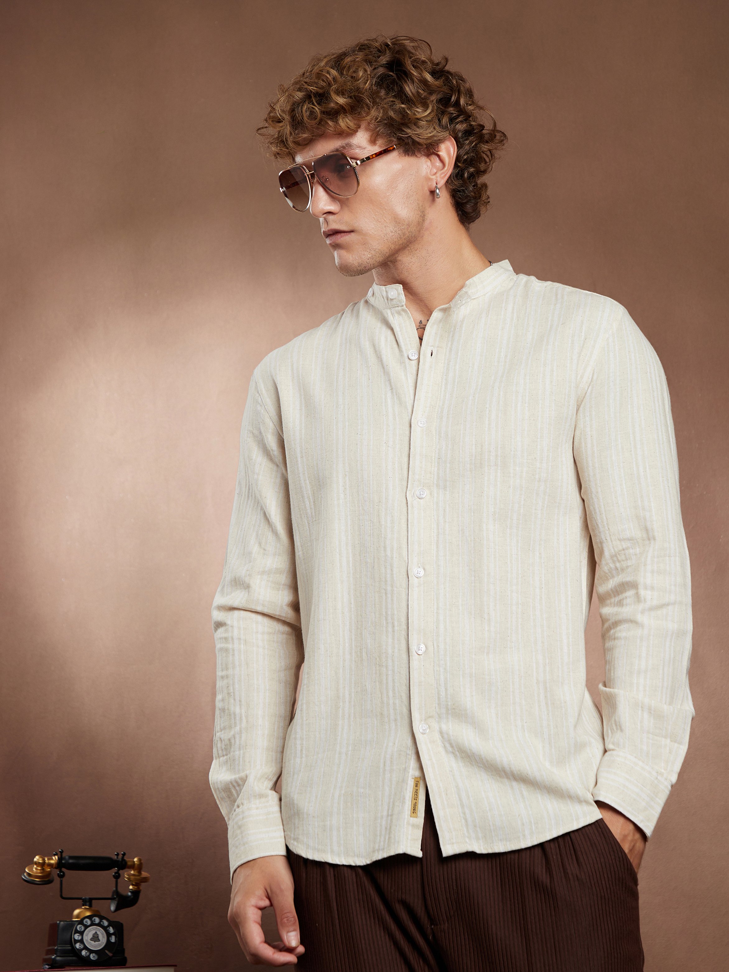 Men Off-White Beige Striped Extended-Band Collar Shirt