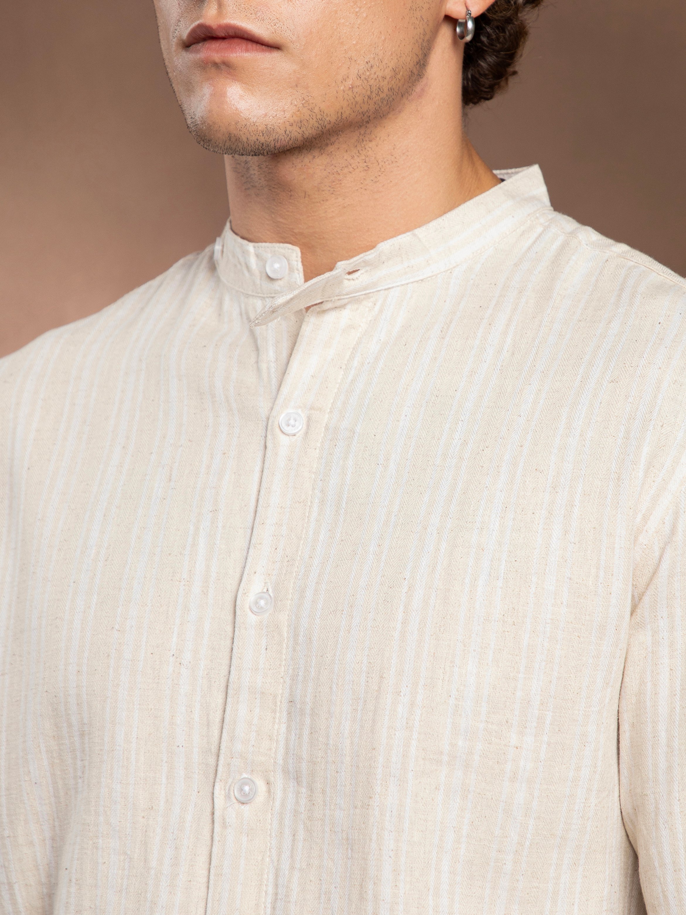 Men Off-White Beige Striped Extended-Band Collar Shirt