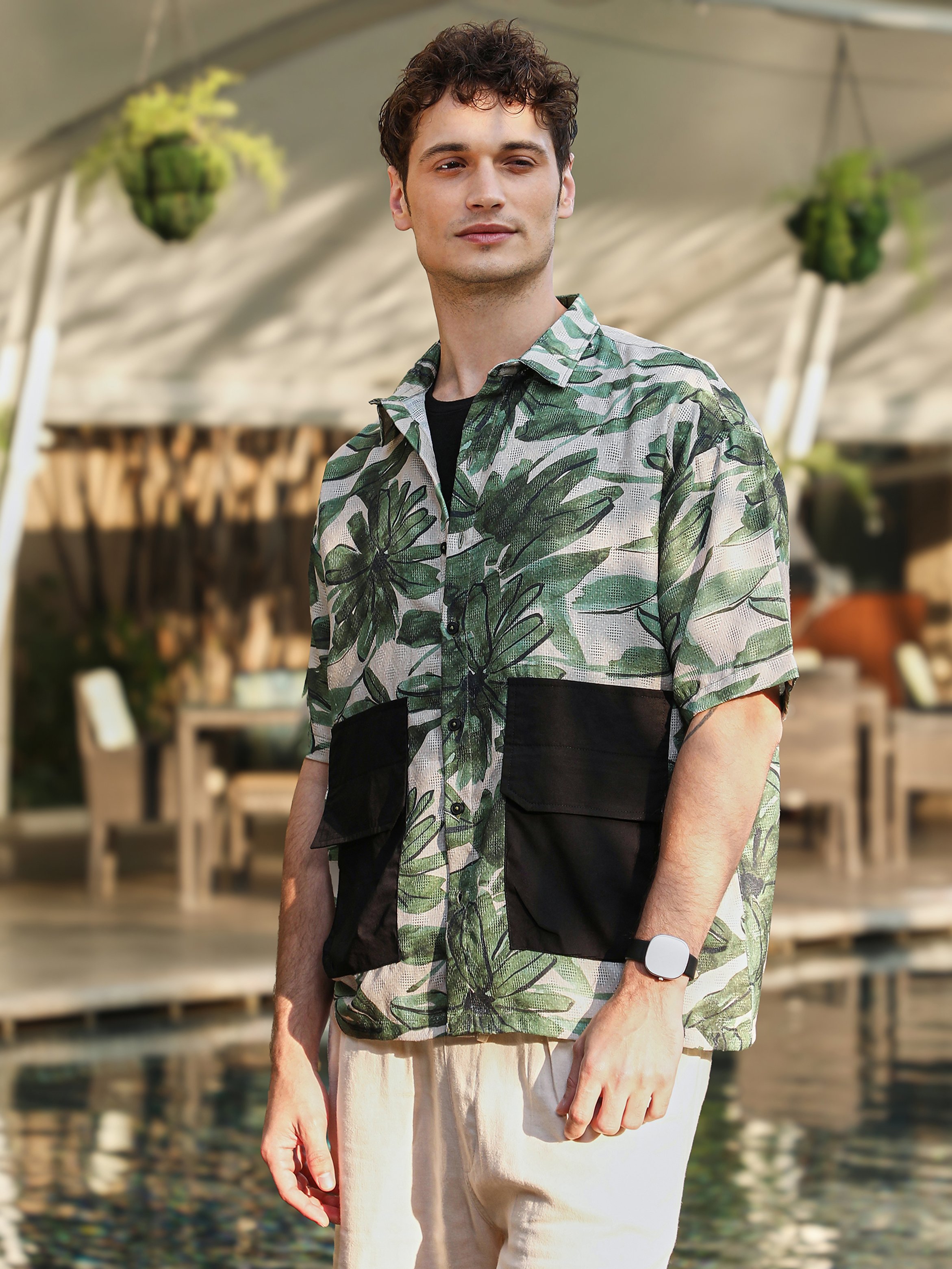 Men Jungle Green Ivory White Flora-Stroke Oversized Shirt