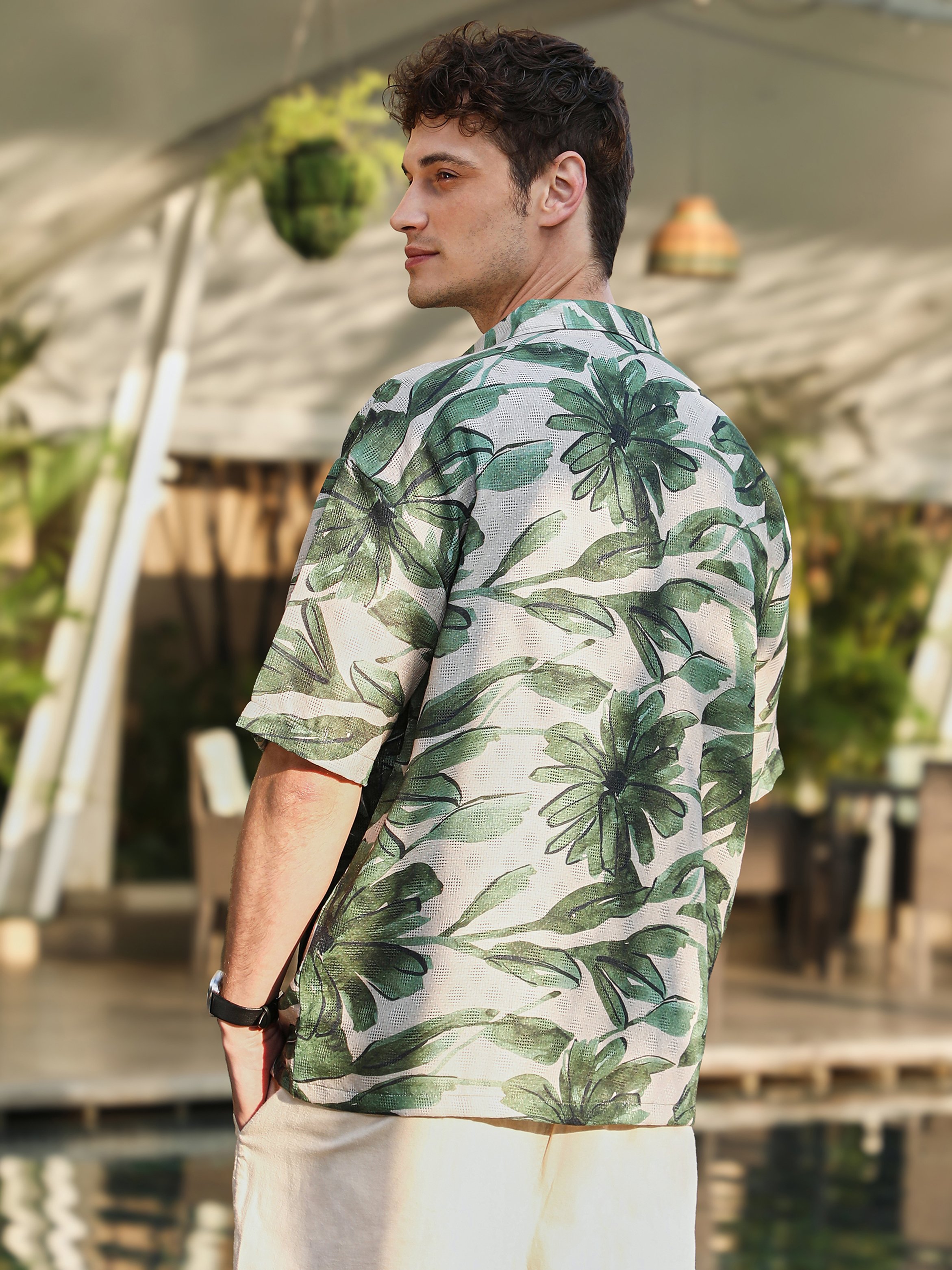 Men Jungle Green Ivory White Flora-Stroke Oversized Shirt