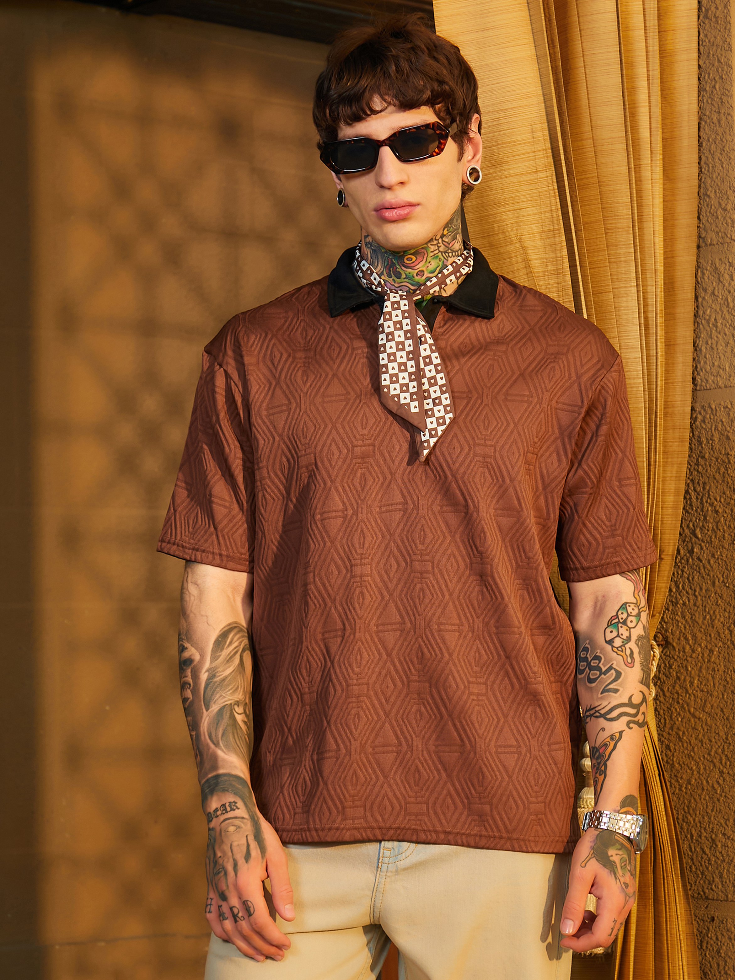 Men Chocolate Brown Textured Contrast Polo