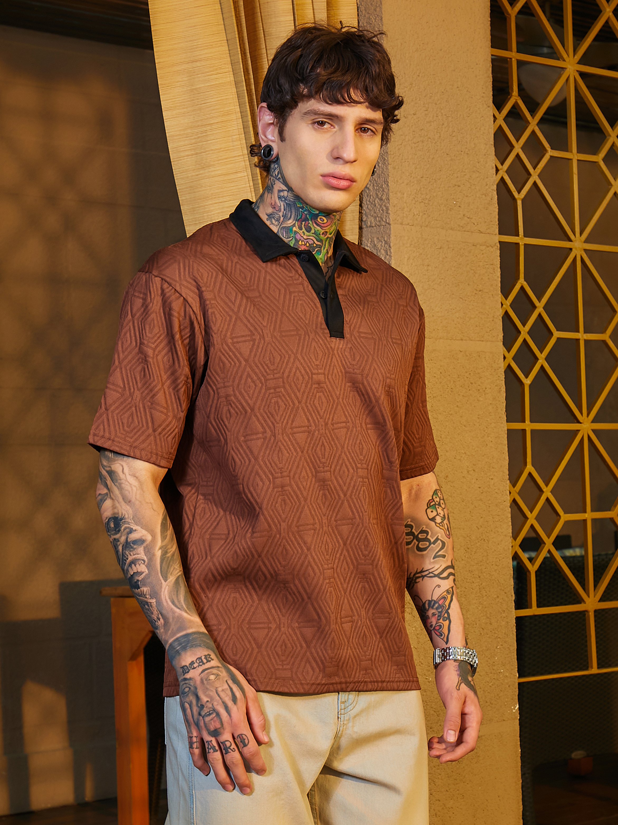 Men Chocolate Brown Textured Contrast Polo
