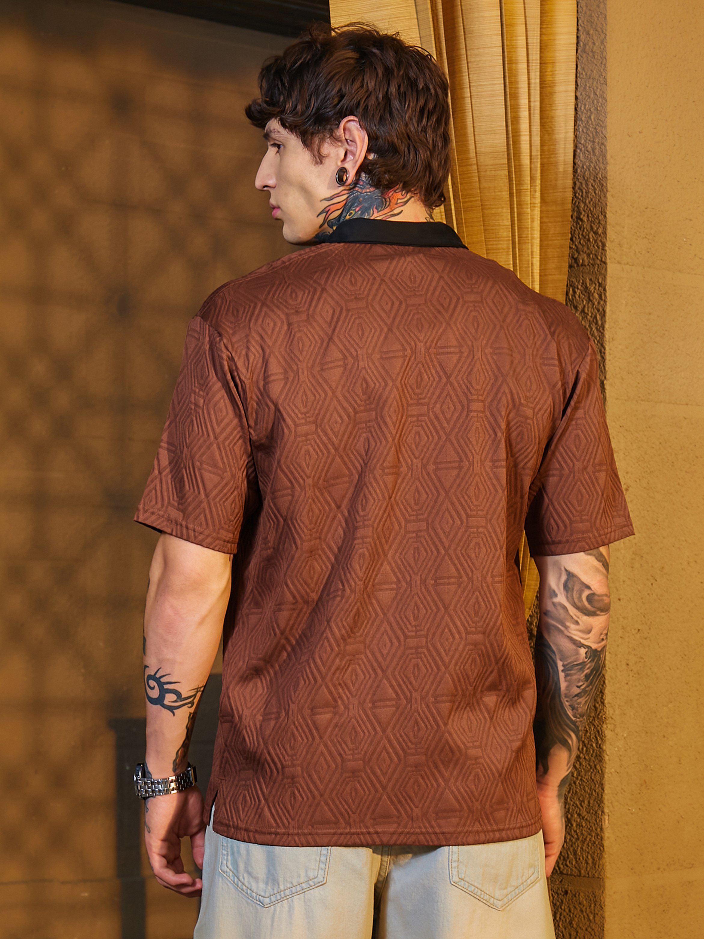 Men Chocolate Brown Textured Contrast Polo