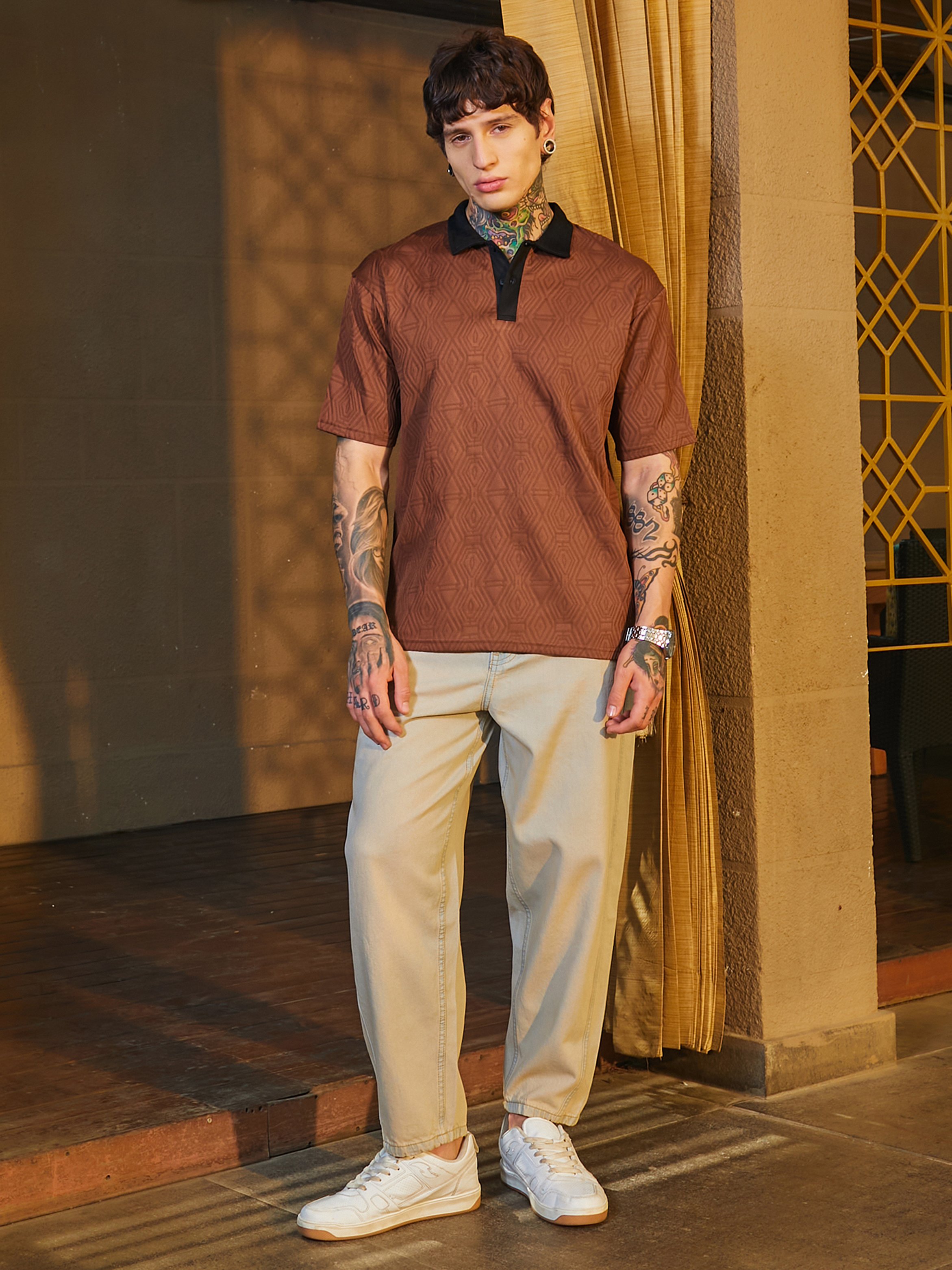 Men Chocolate Brown Textured Contrast Polo
