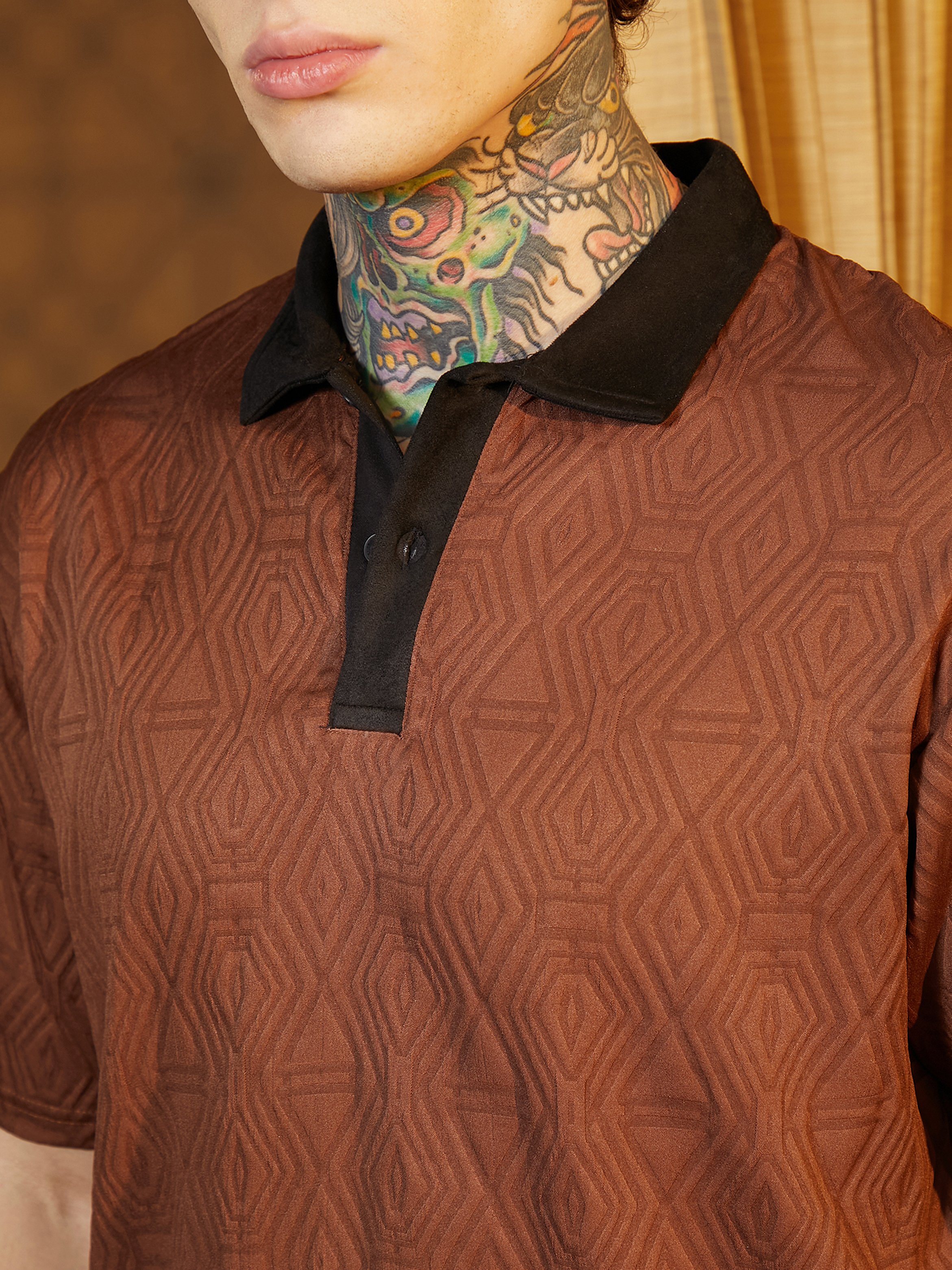 Men Chocolate Brown Textured Contrast Polo