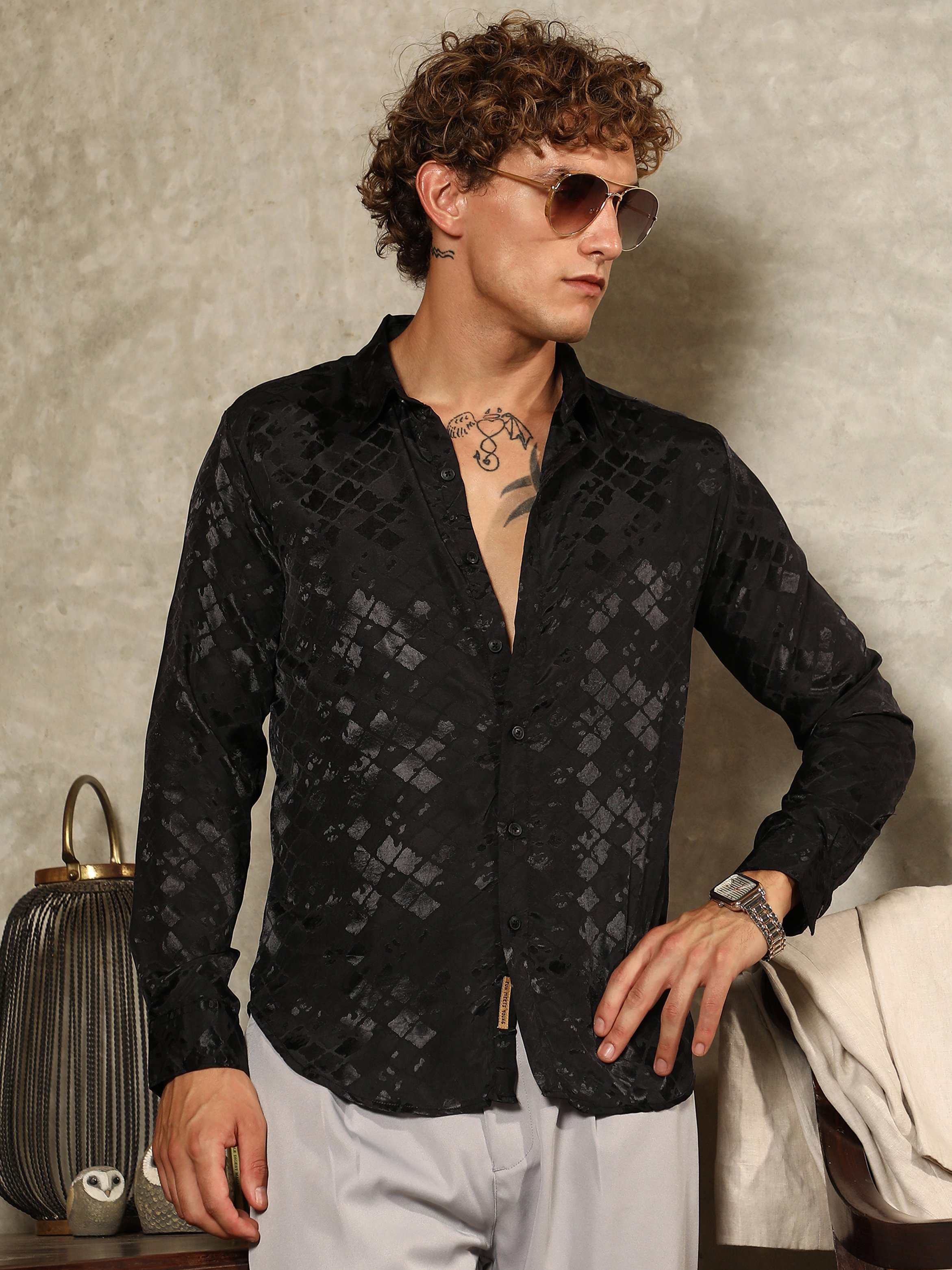 Men Black Noir-Cubic Textured Shirt