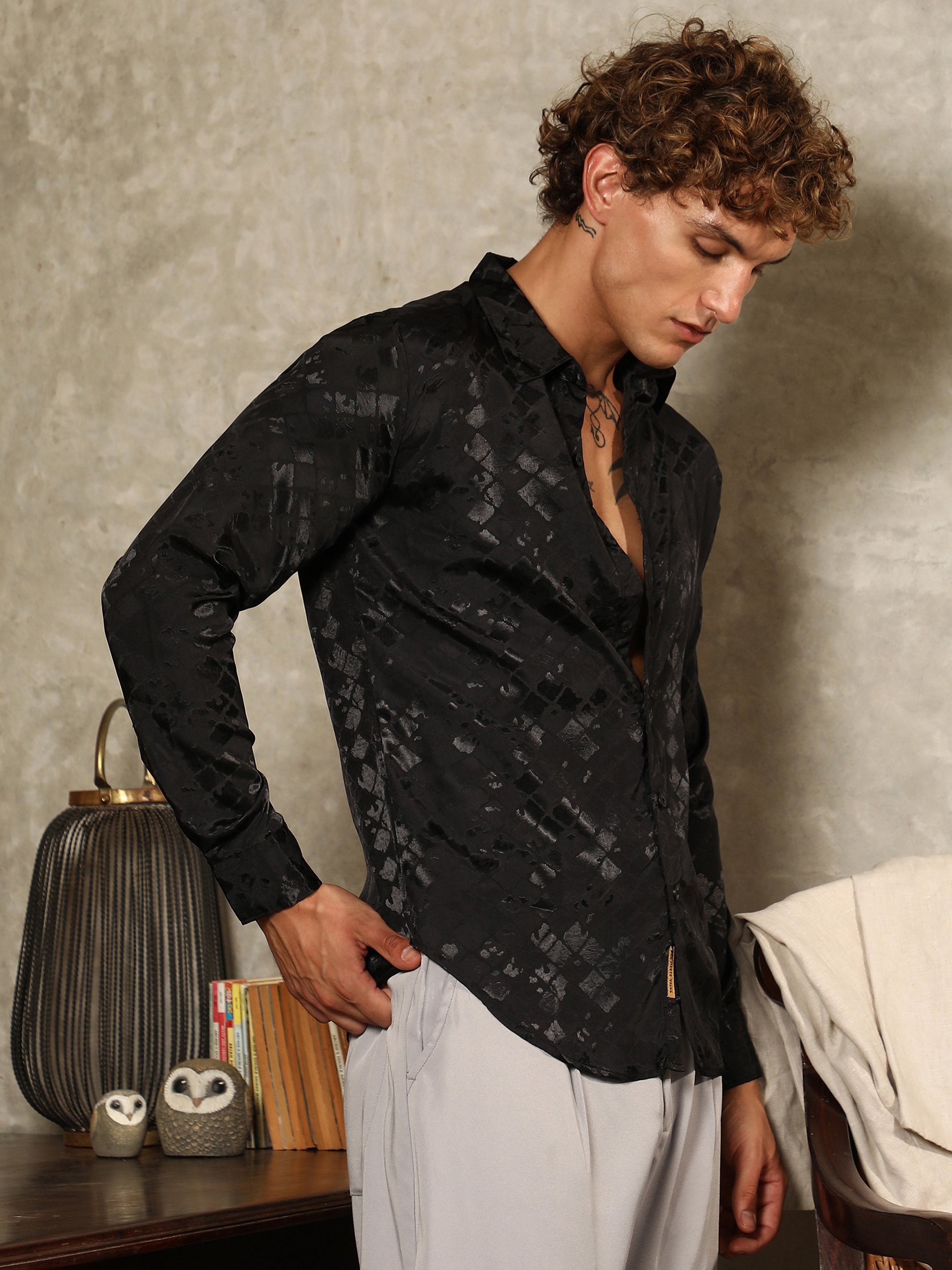 Men Black Noir-Cubic Textured Shirt