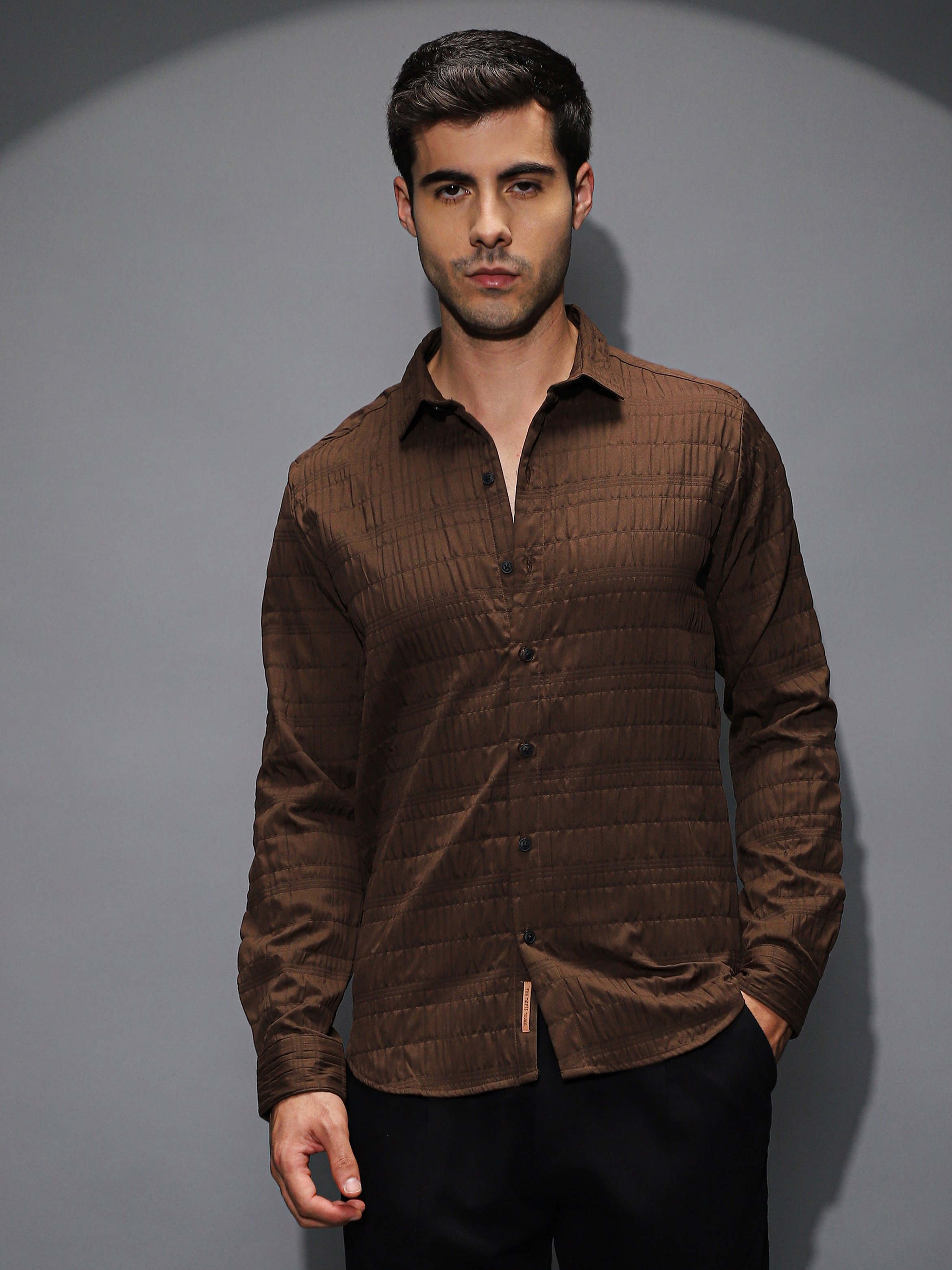 Men Chocolate Brown Grid-Tactile Shirt