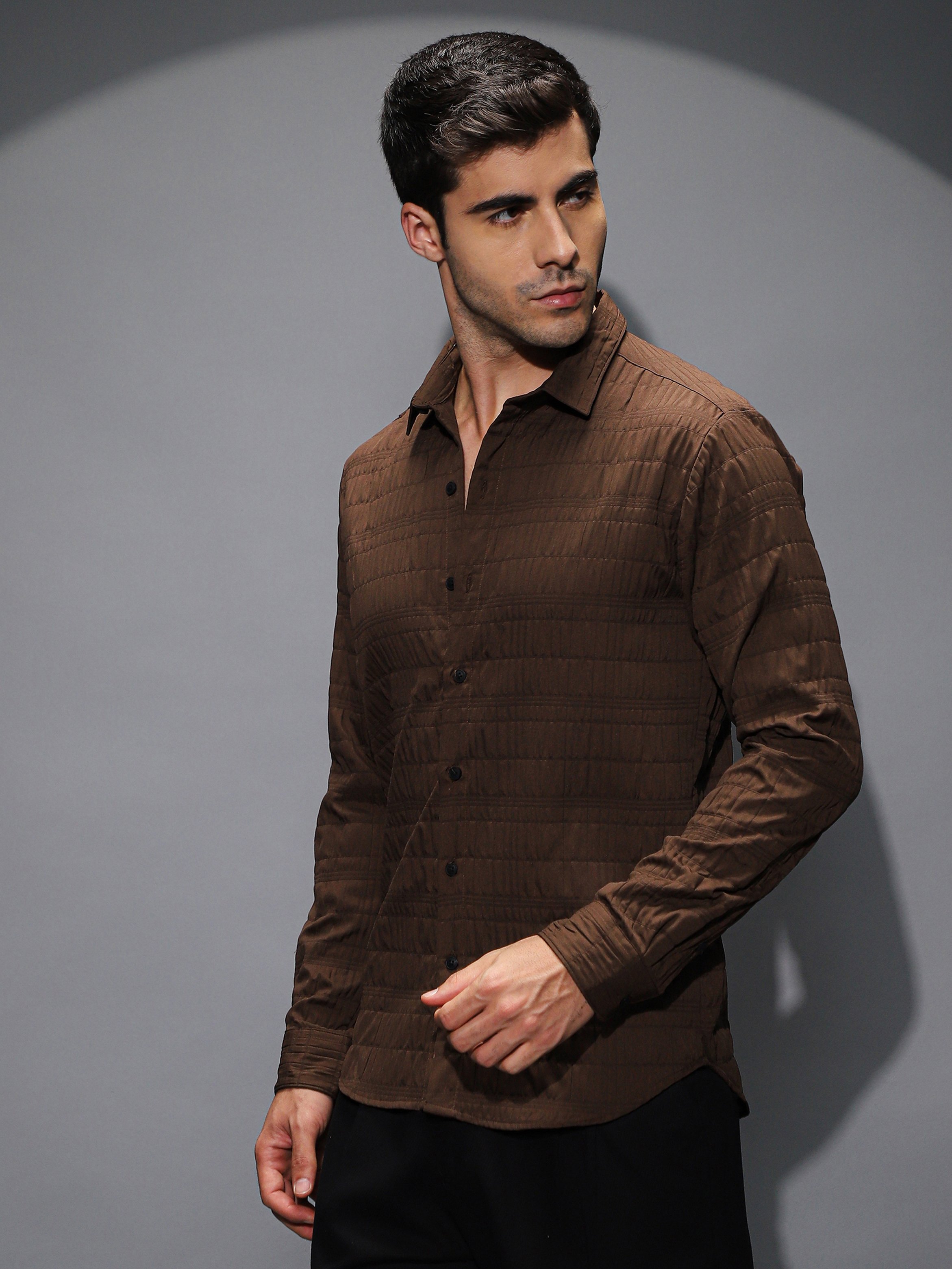 Men Chocolate Brown Grid-Tactile Shirt