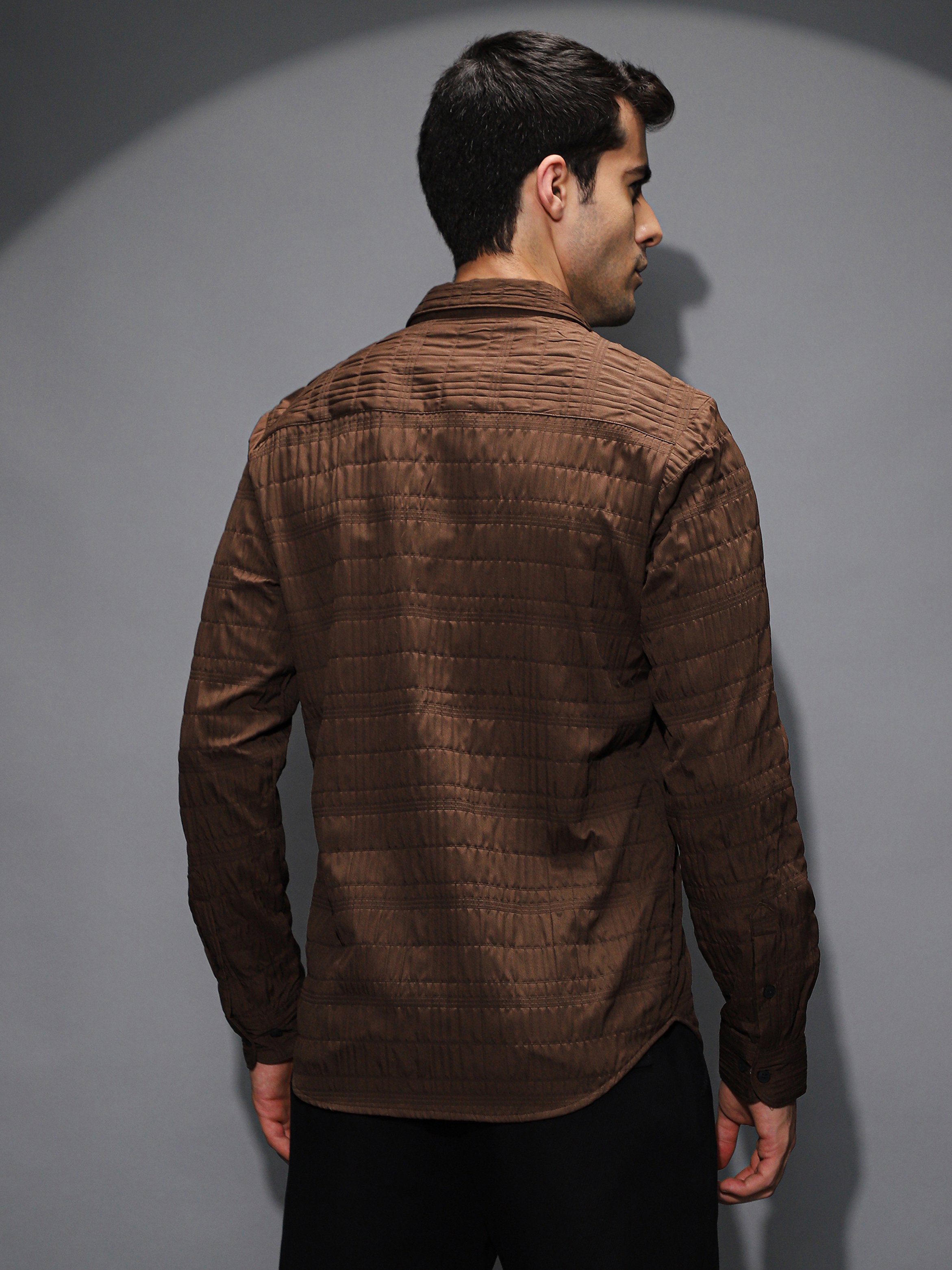 Men Chocolate Brown Grid-Tactile Shirt