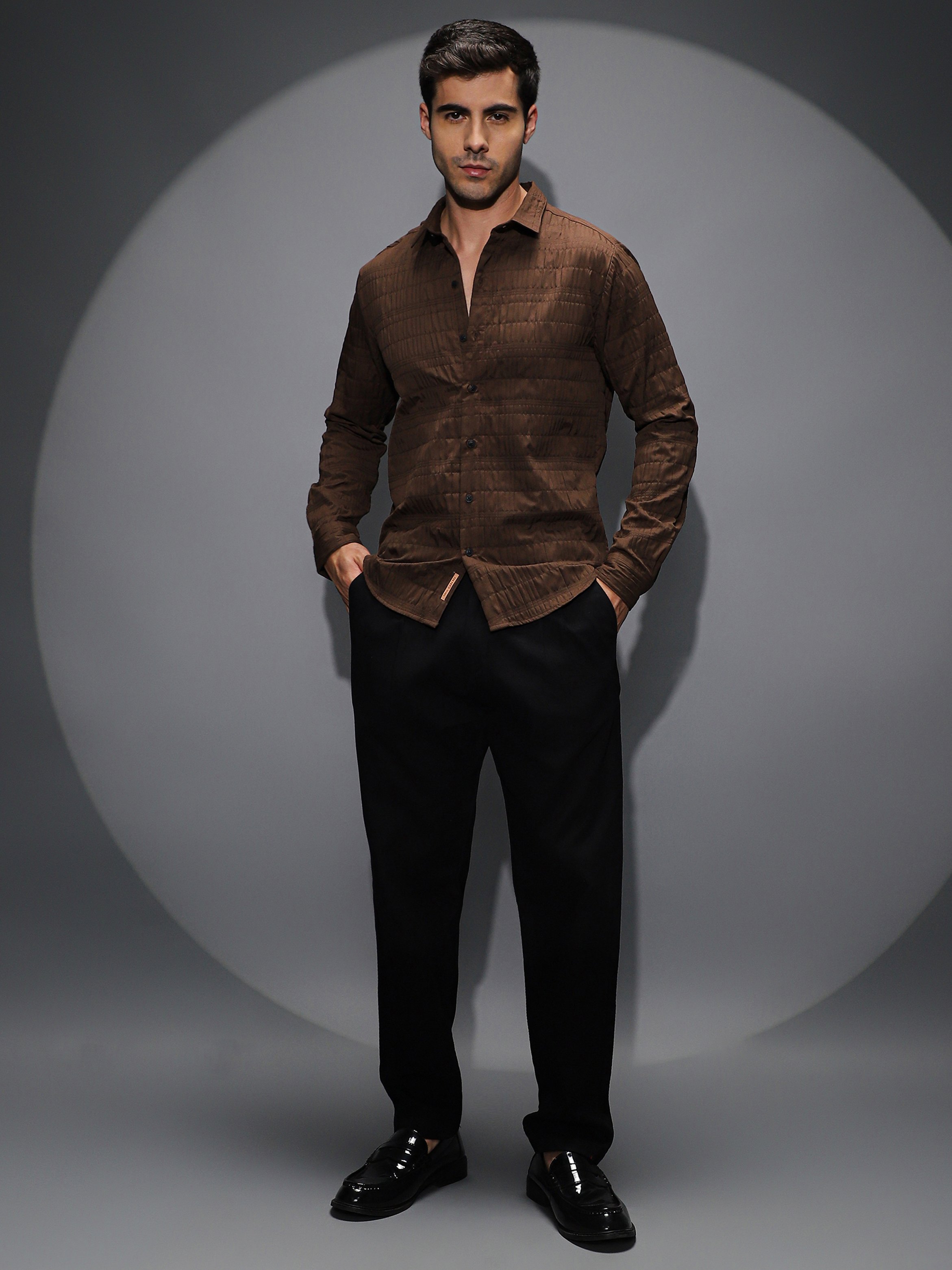 Men Chocolate Brown Grid-Tactile Shirt