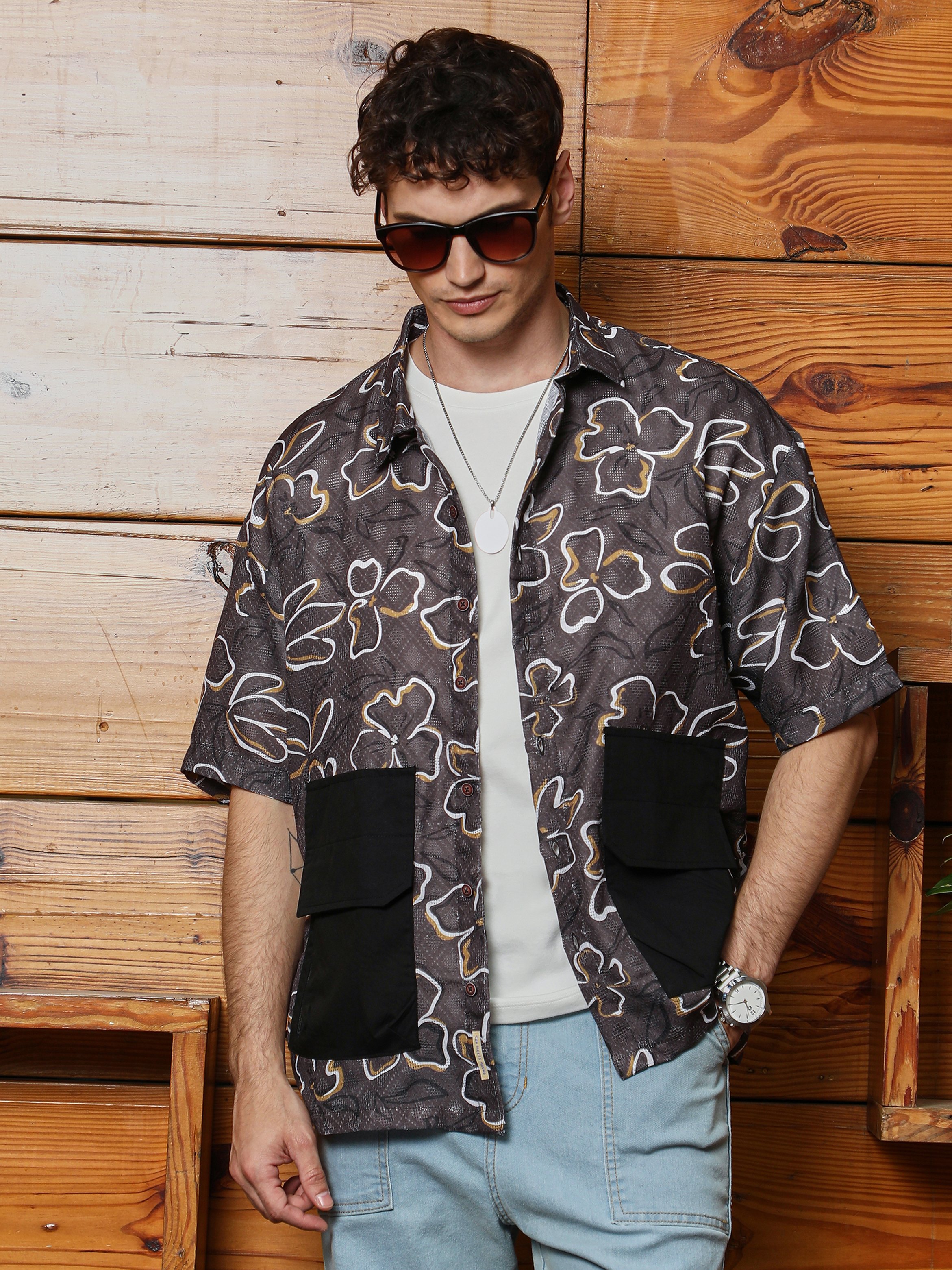 Men Brown Flora-Print Oversized Shirt