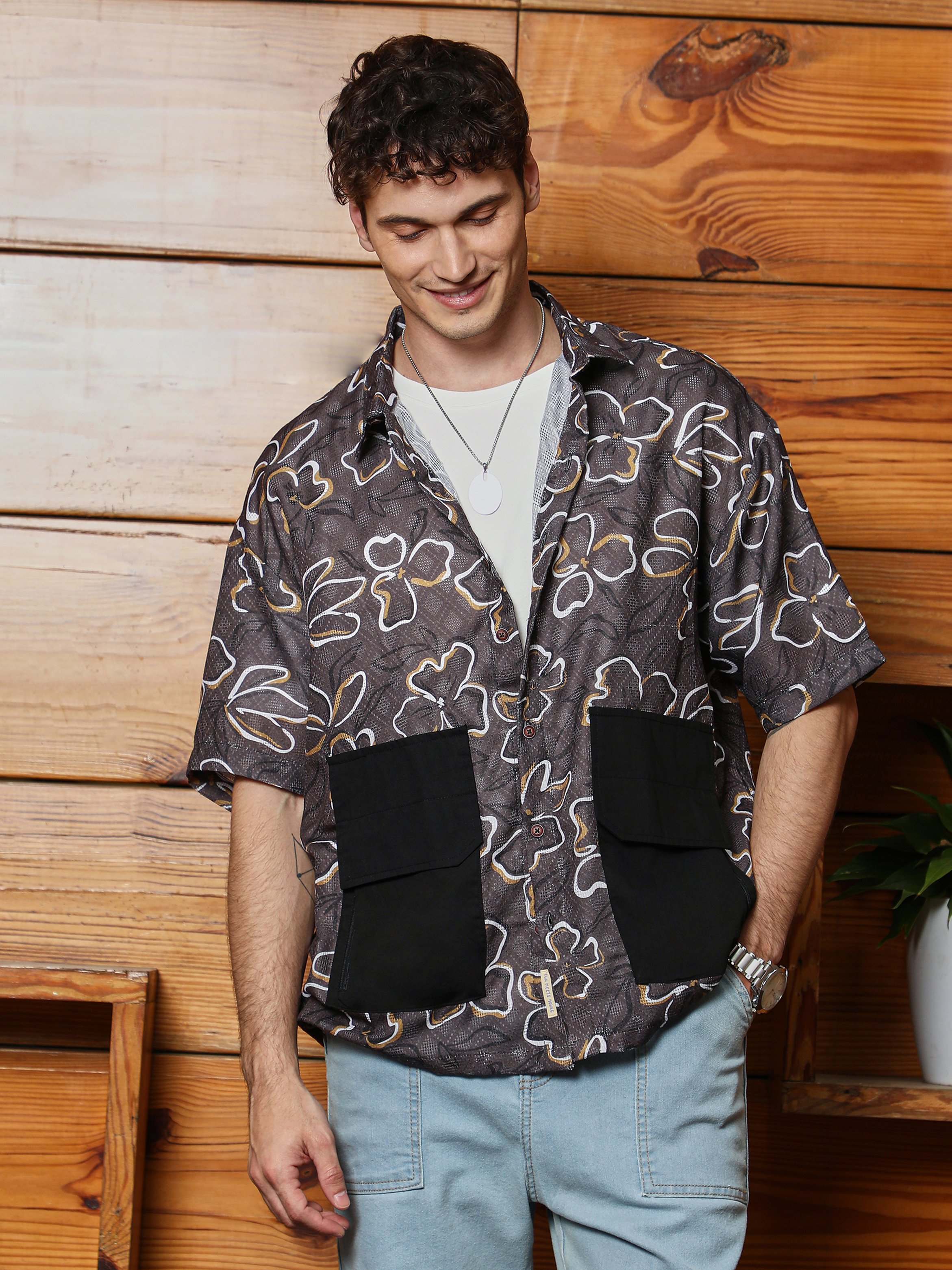 Men Brown Flora-Print Oversized Shirt