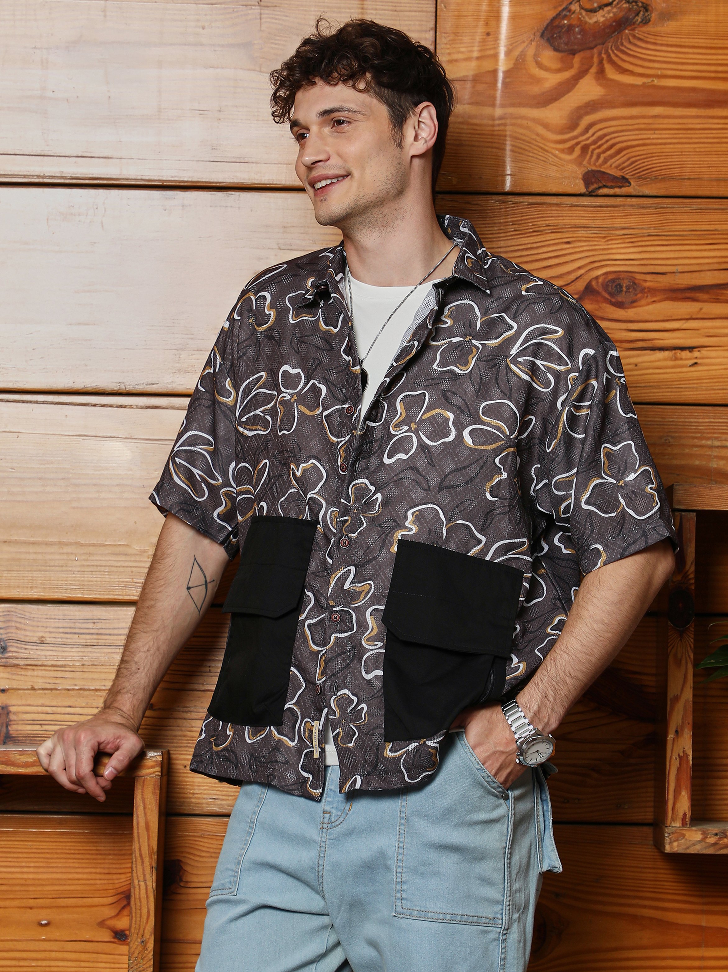 Men Brown Flora-Print Oversized Shirt