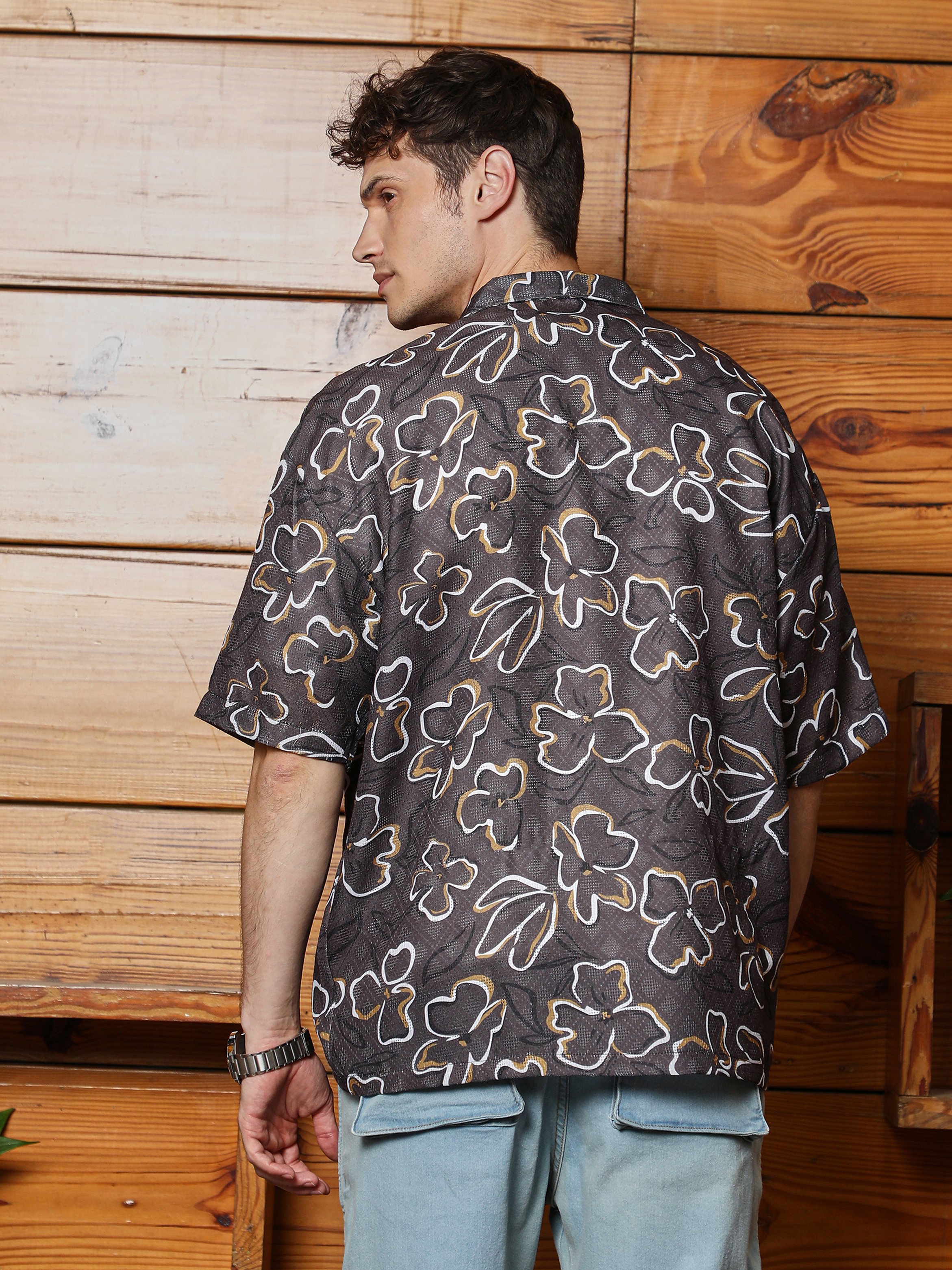 Men Brown Flora-Print Oversized Shirt