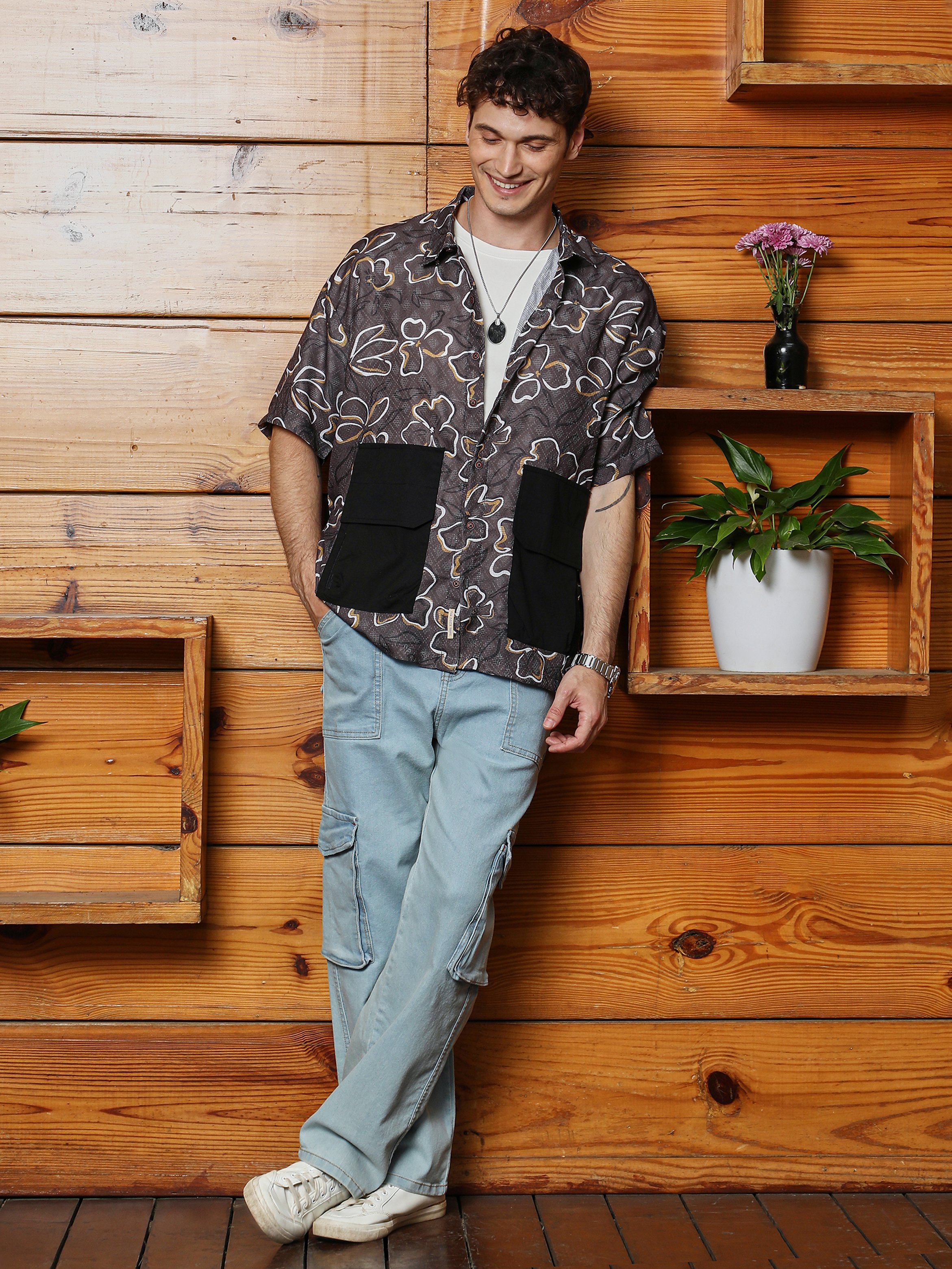 Men Brown Flora-Print Oversized Shirt