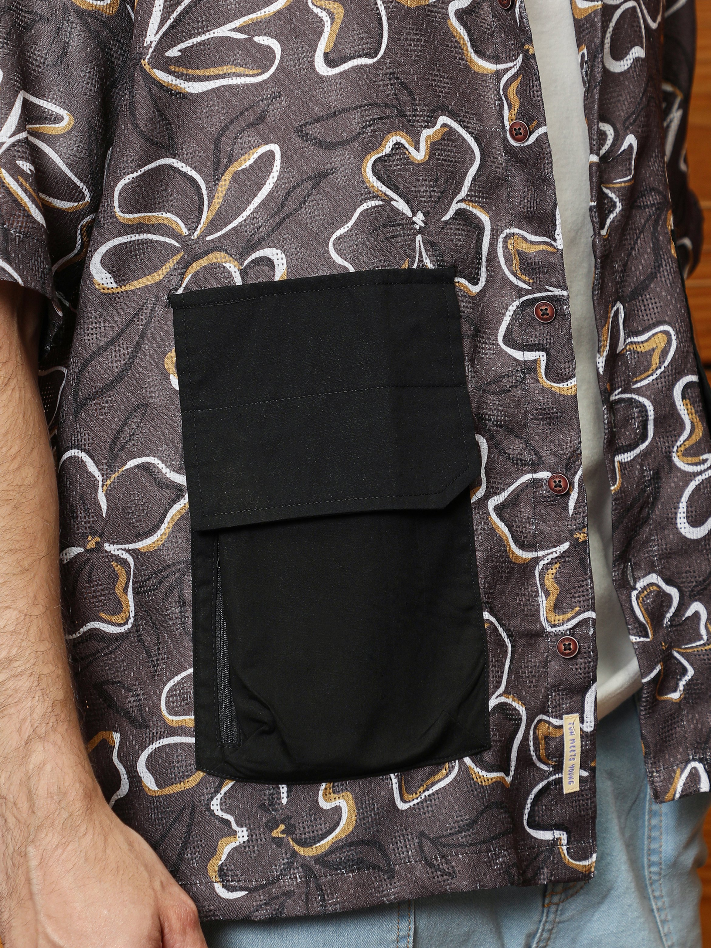 Men Brown Flora-Print Oversized Shirt