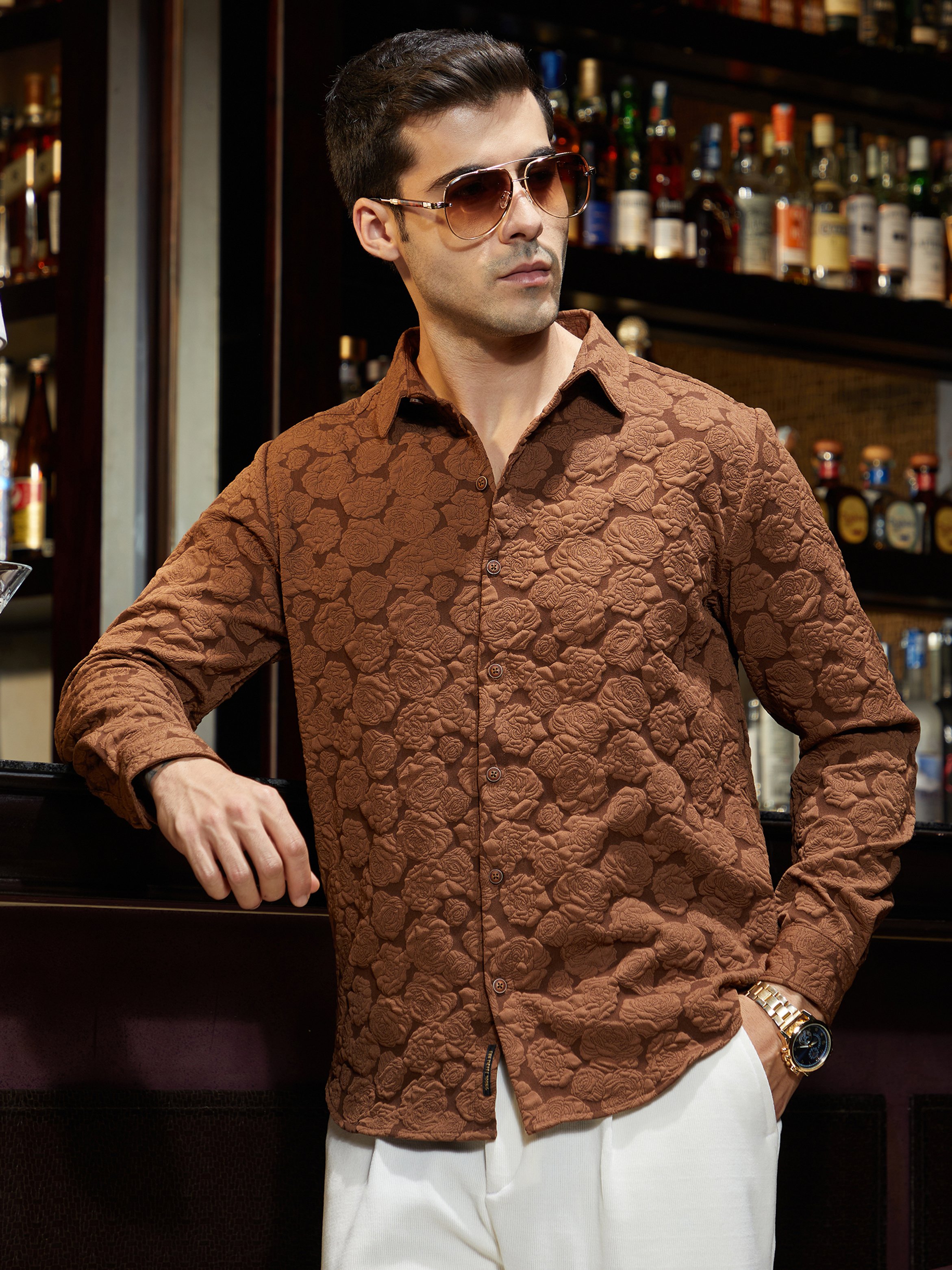 Men Chocolate Brown Textured Shirt