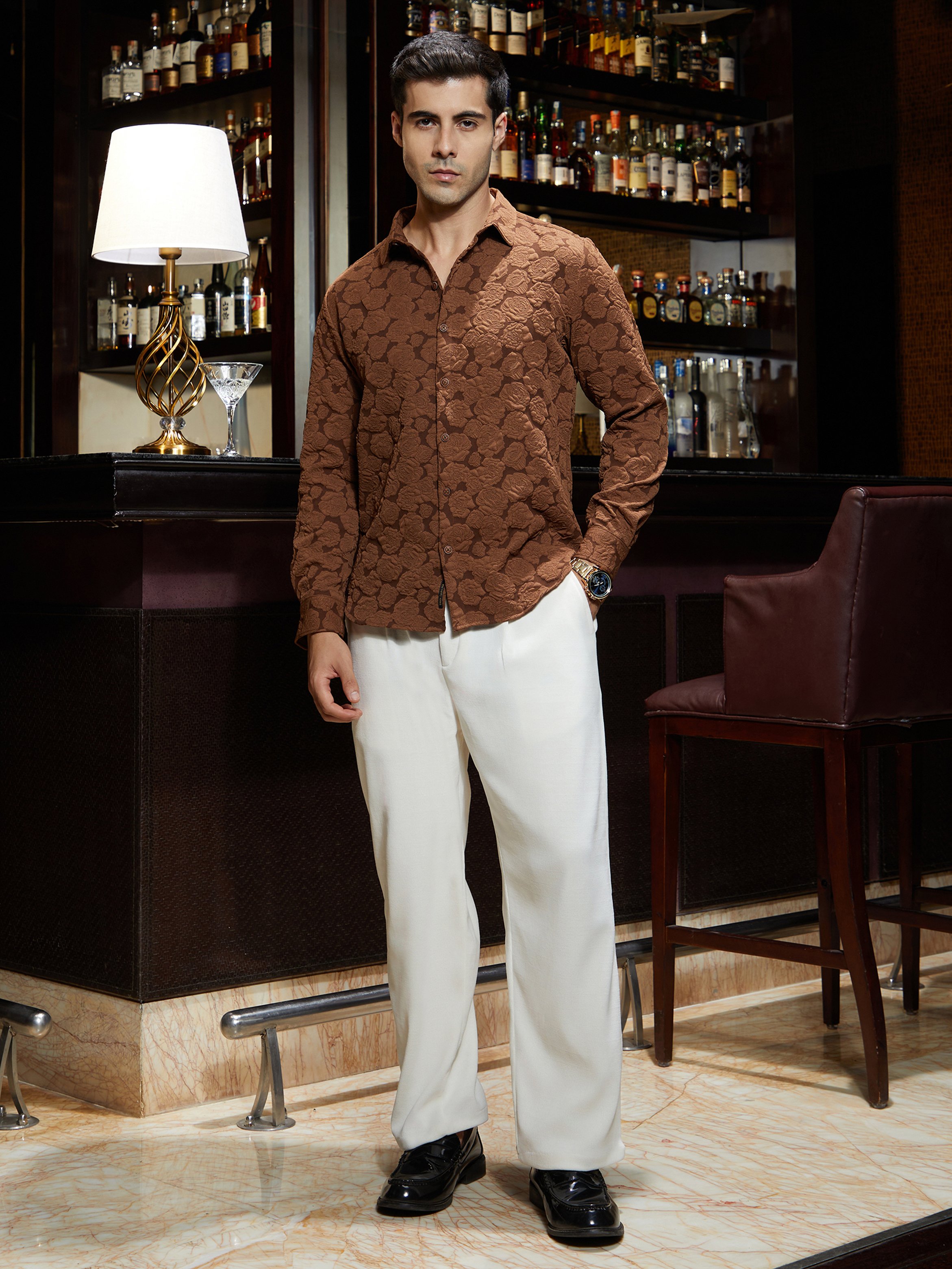Men Chocolate Brown Textured Shirt