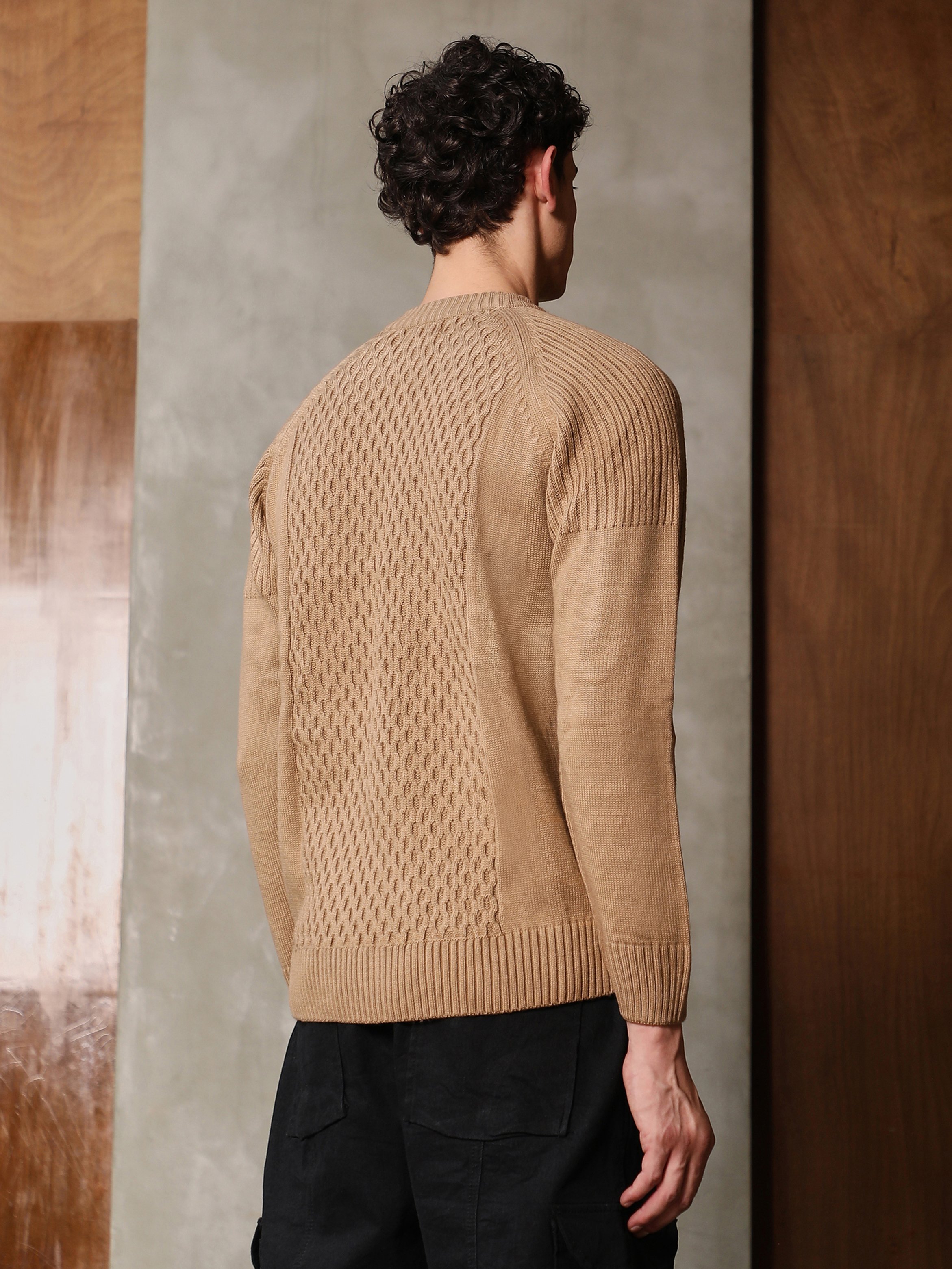 Men Camel Beige Mesh-Jacquard Knit Sweater