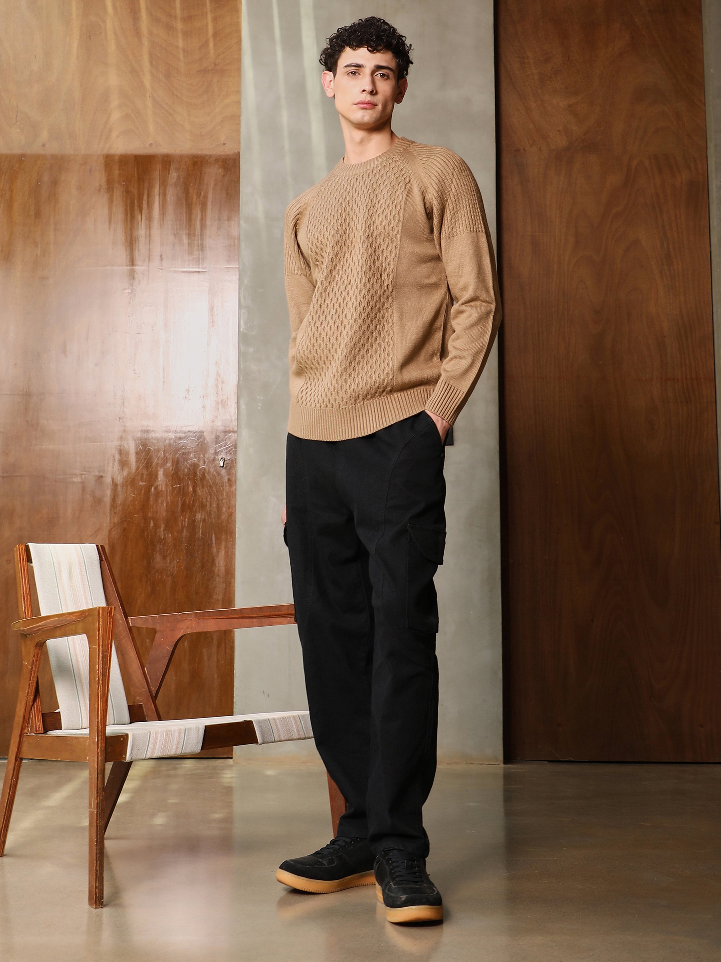 Men Camel Beige Mesh-Jacquard Knit Sweater