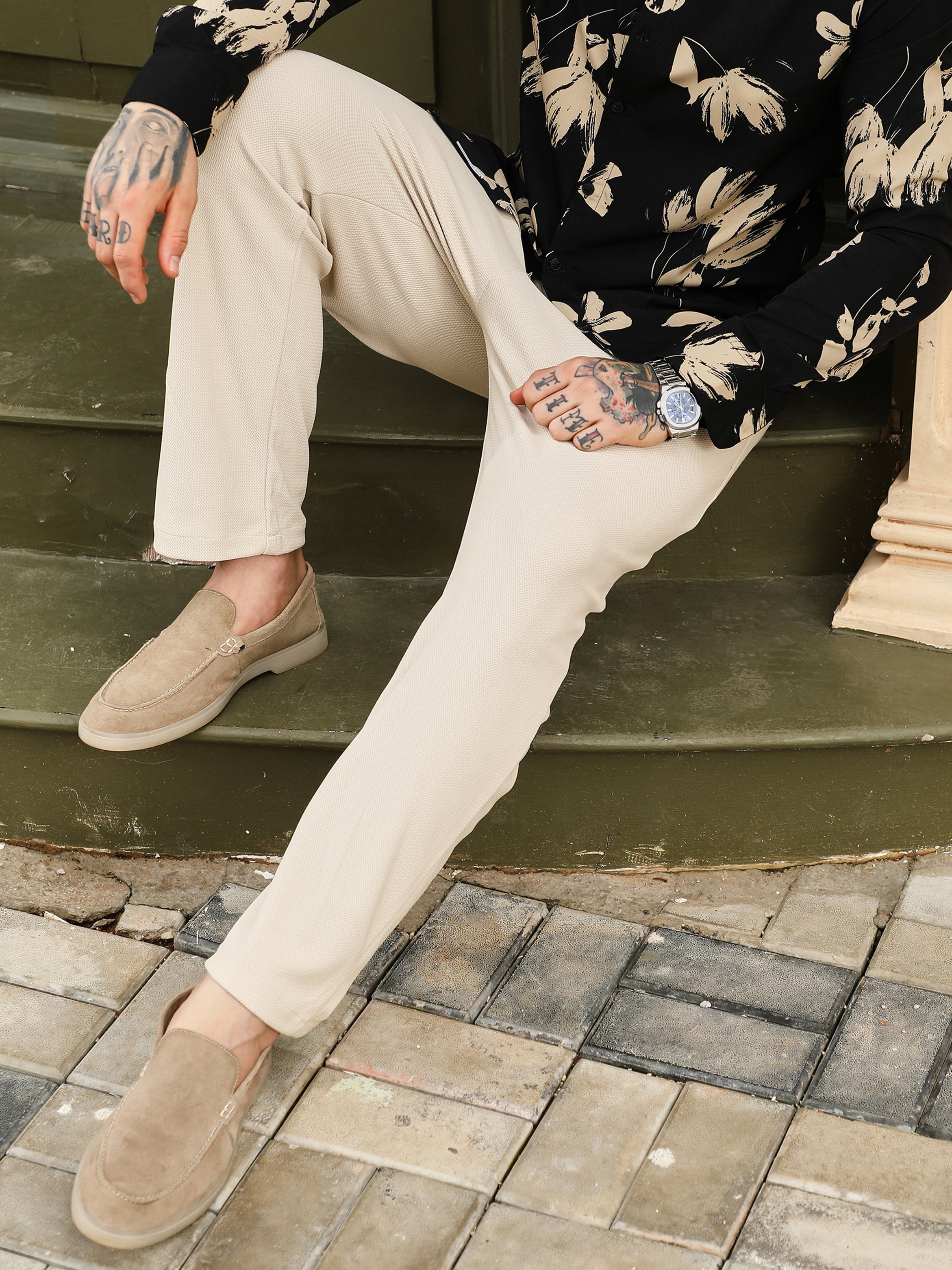 Men Saltbox Beige Textured Extended-Waistband Trousers