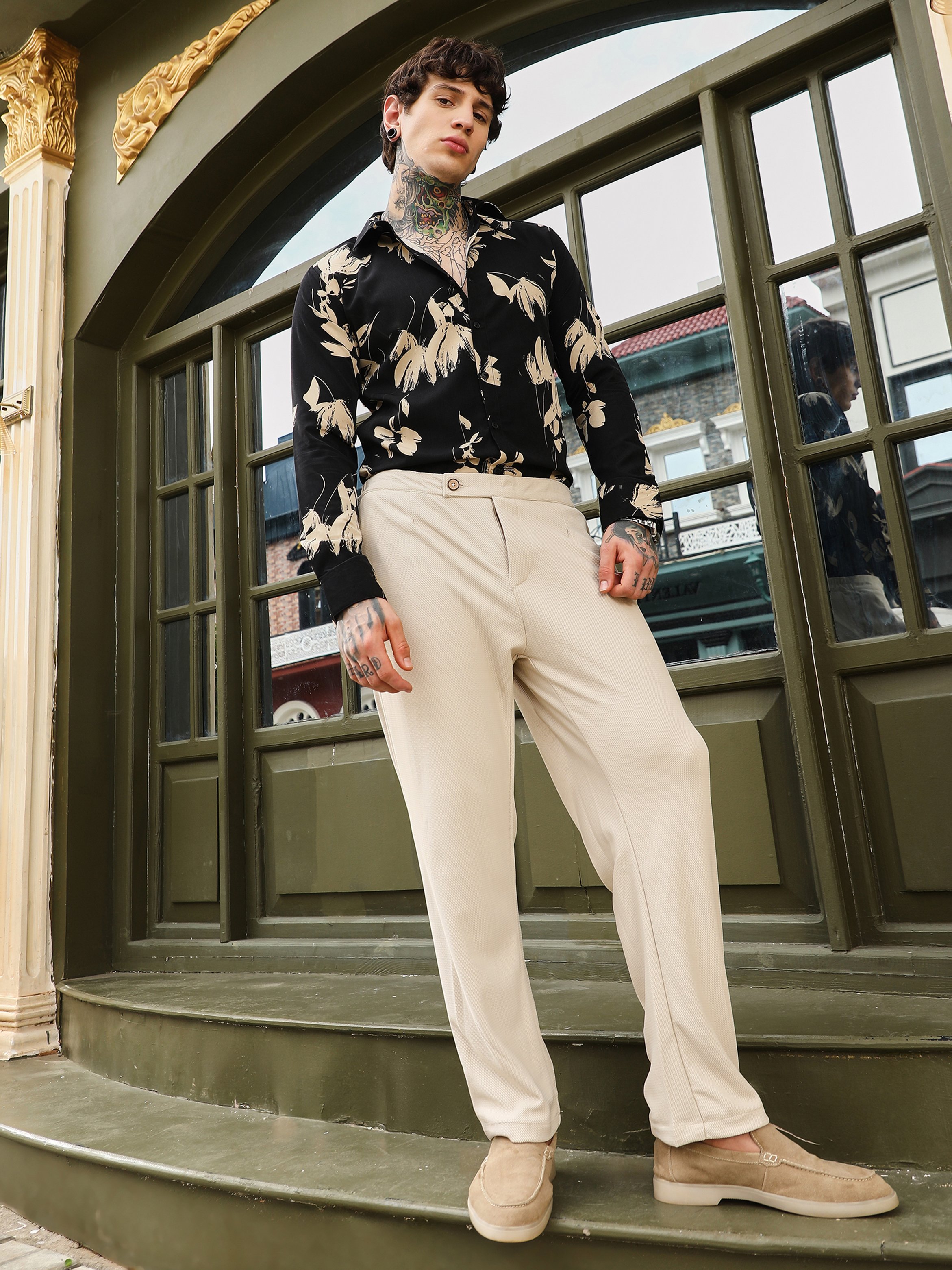 Men Saltbox Beige Textured Extended-Waistband Trousers