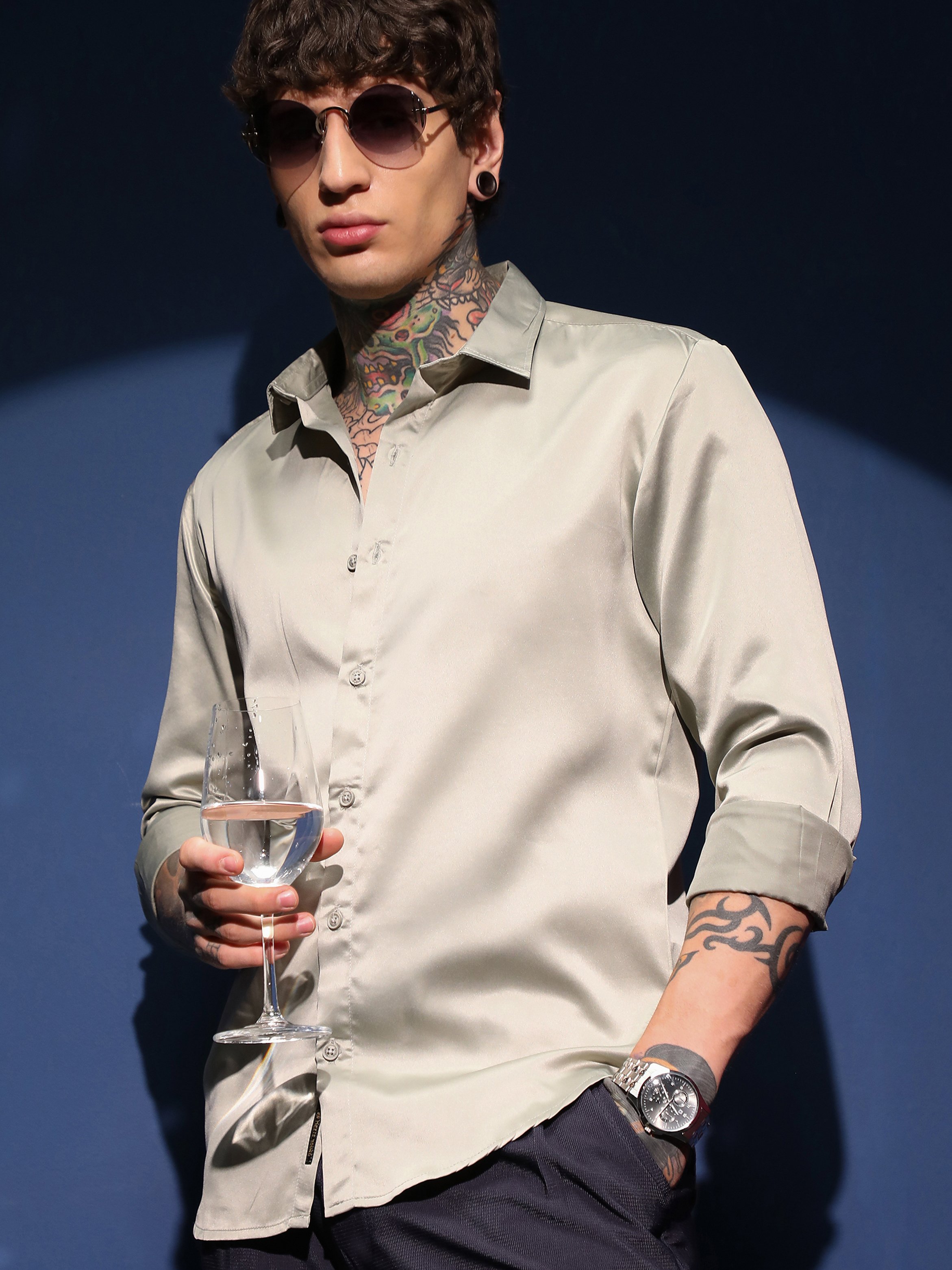 Men Beige Solid Satin Shirt