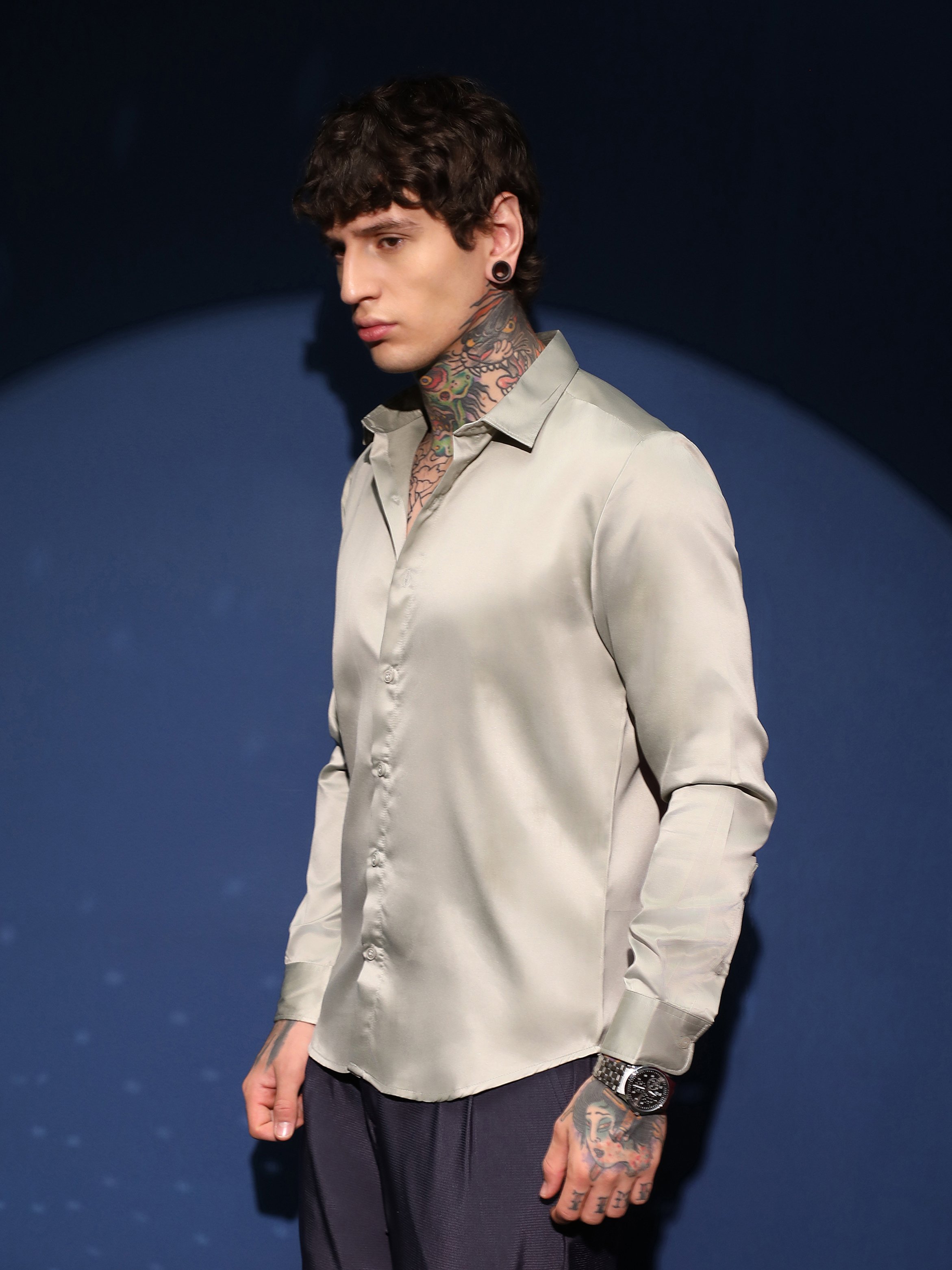 Men Beige Solid Satin Shirt