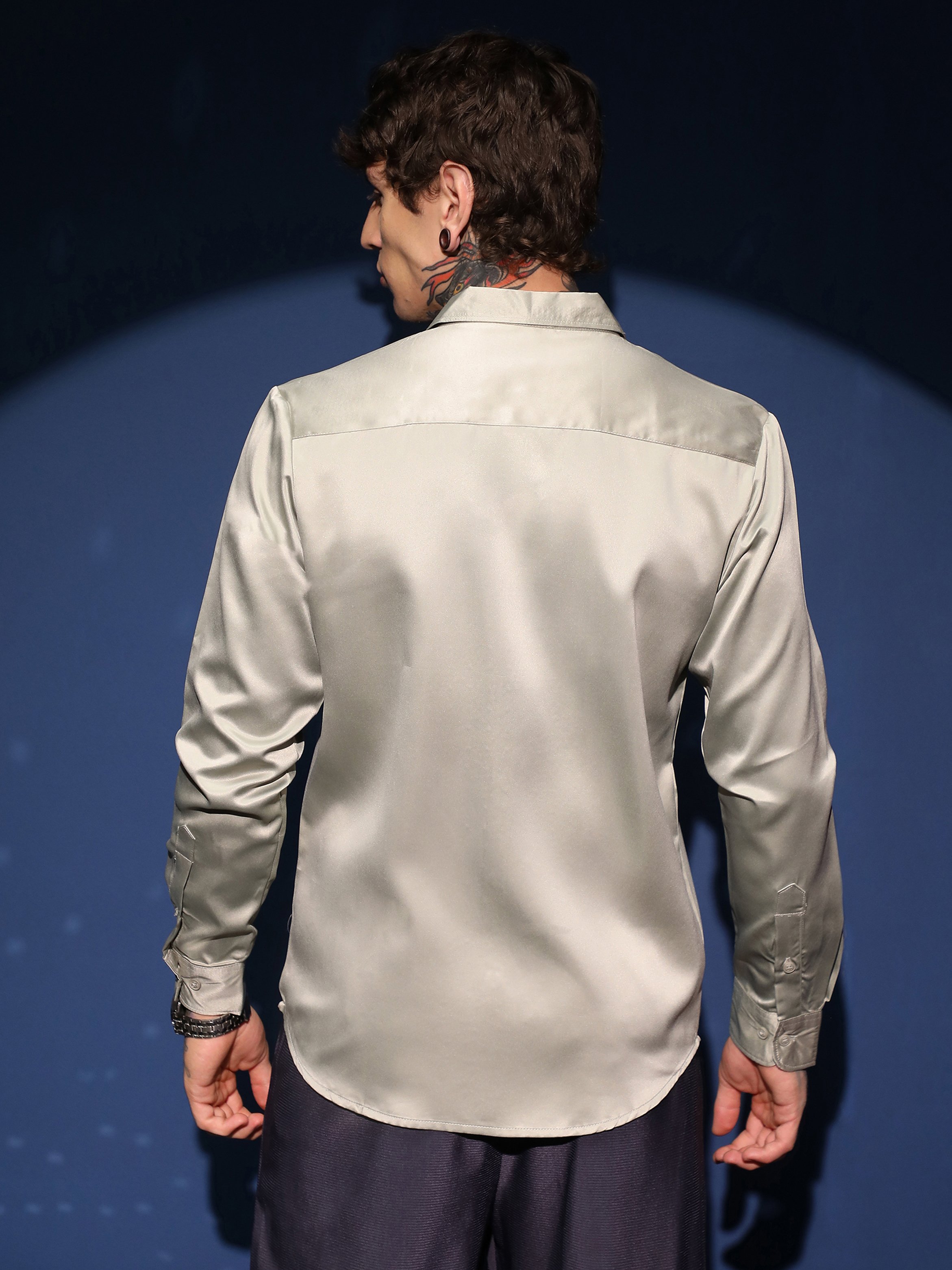 Men Beige Solid Satin Shirt