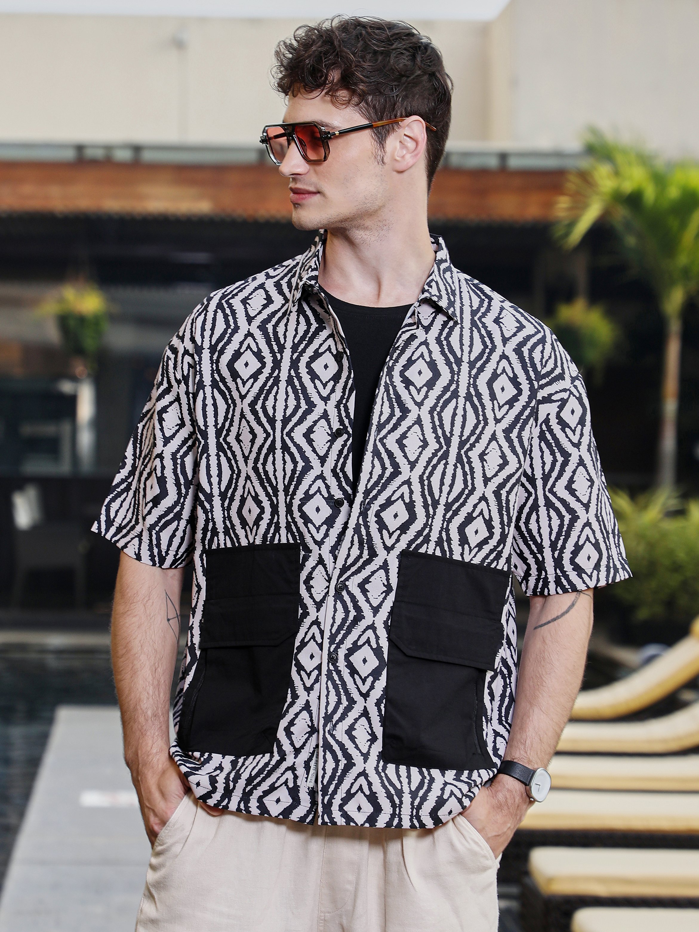 Men Midnight Black Cream White Indie-Utility Oversized Shirt