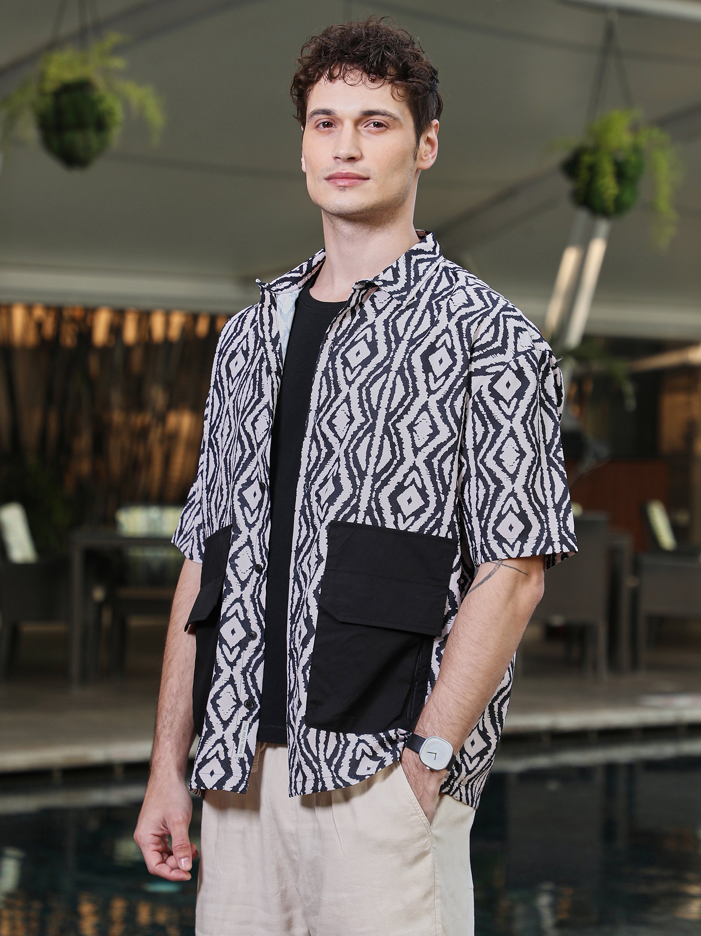 Men Midnight Black Cream White Indie-Utility Oversized Shirt
