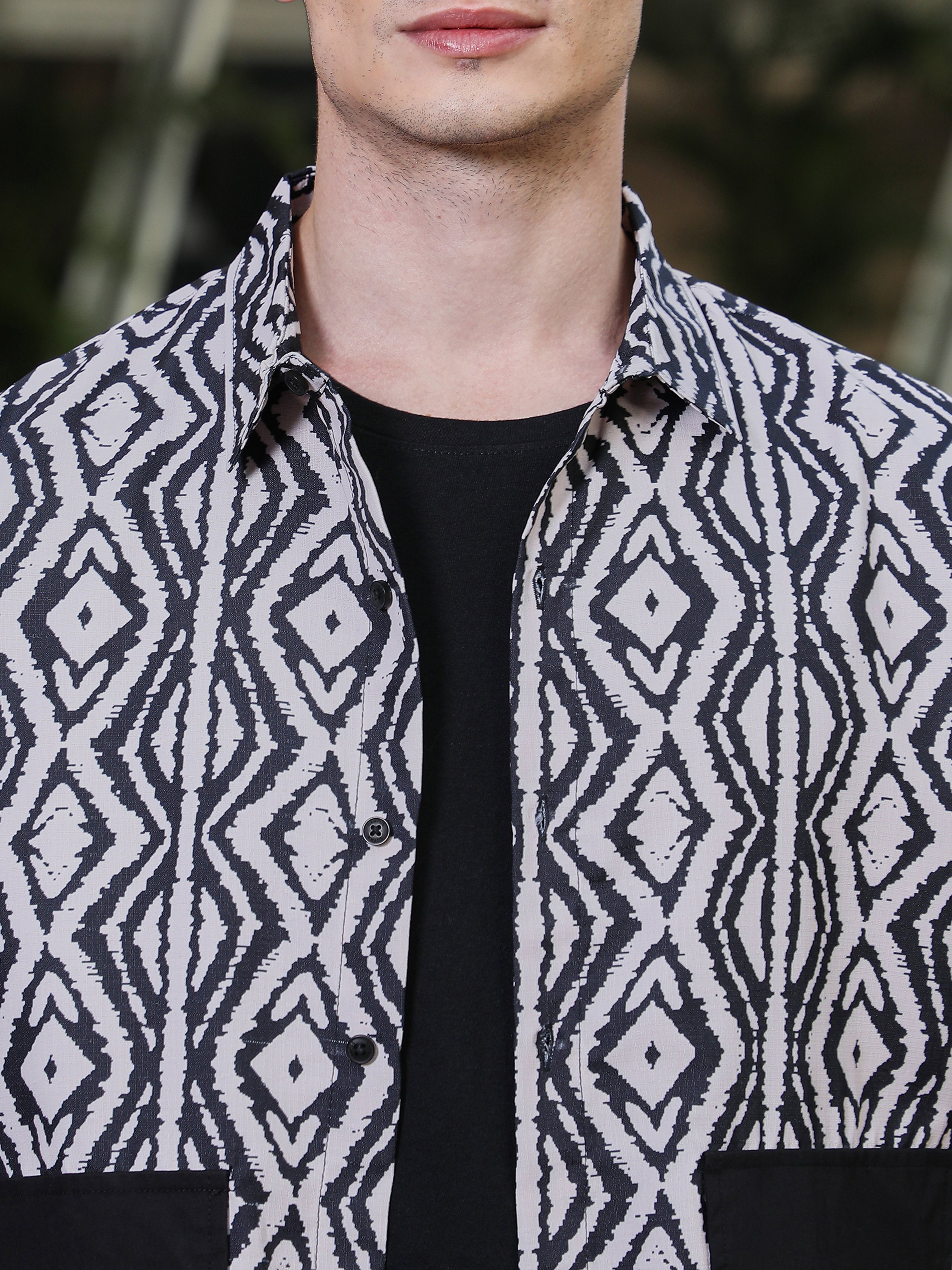 Men Midnight Black Cream White Indie-Utility Oversized Shirt