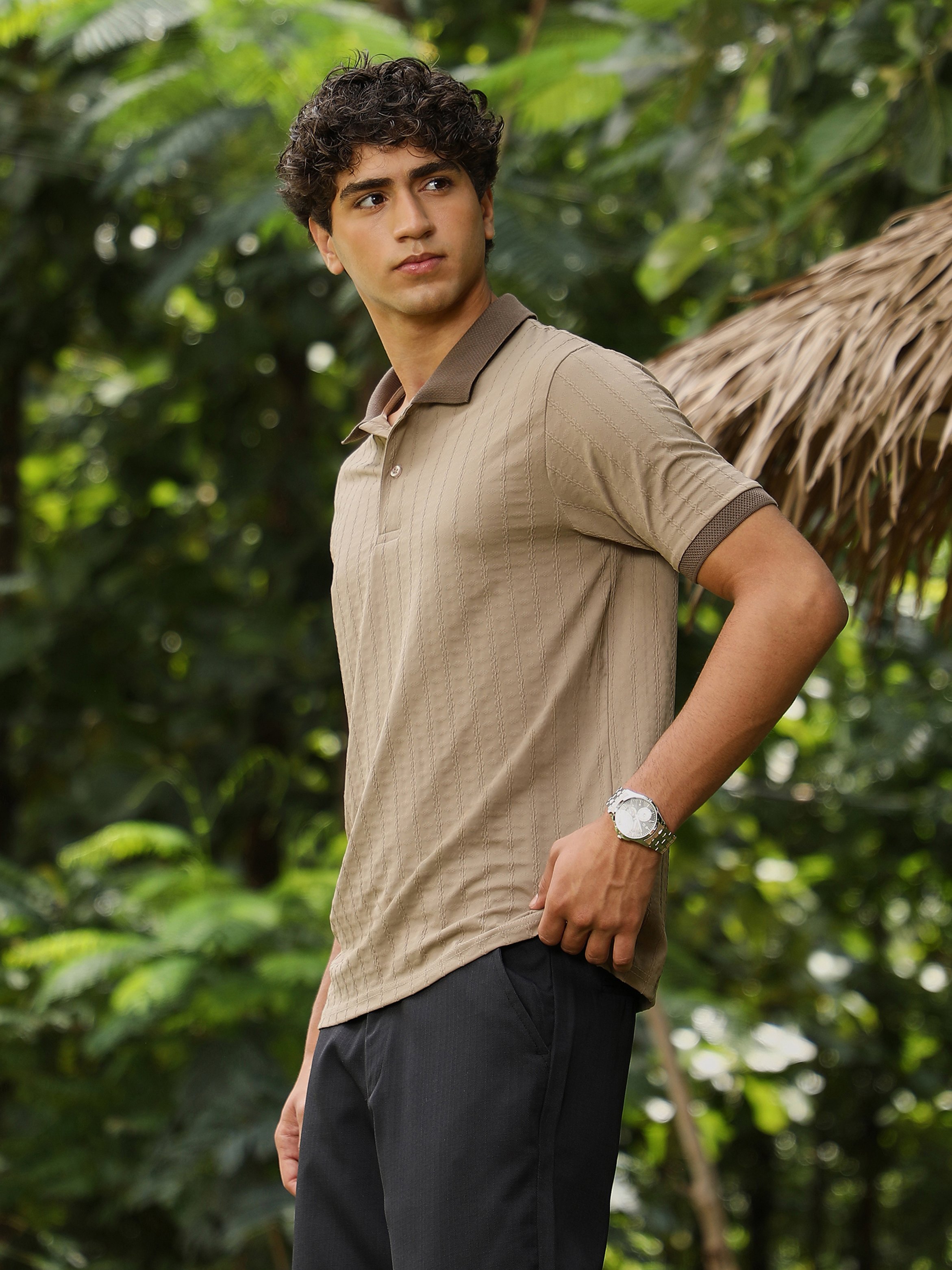 Men Brown Textured Polo T-Shirt