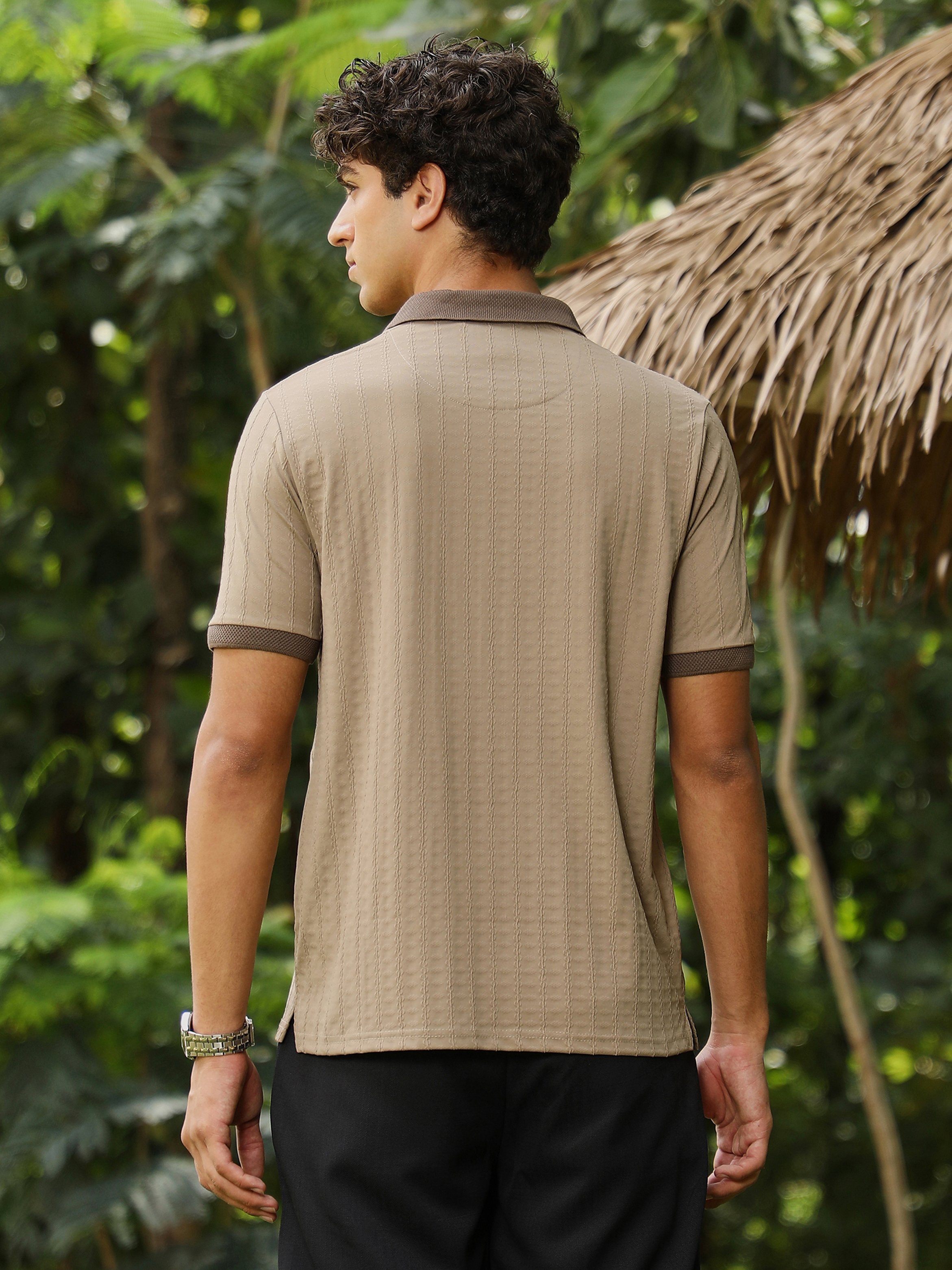 Men Brown Textured Polo T-Shirt