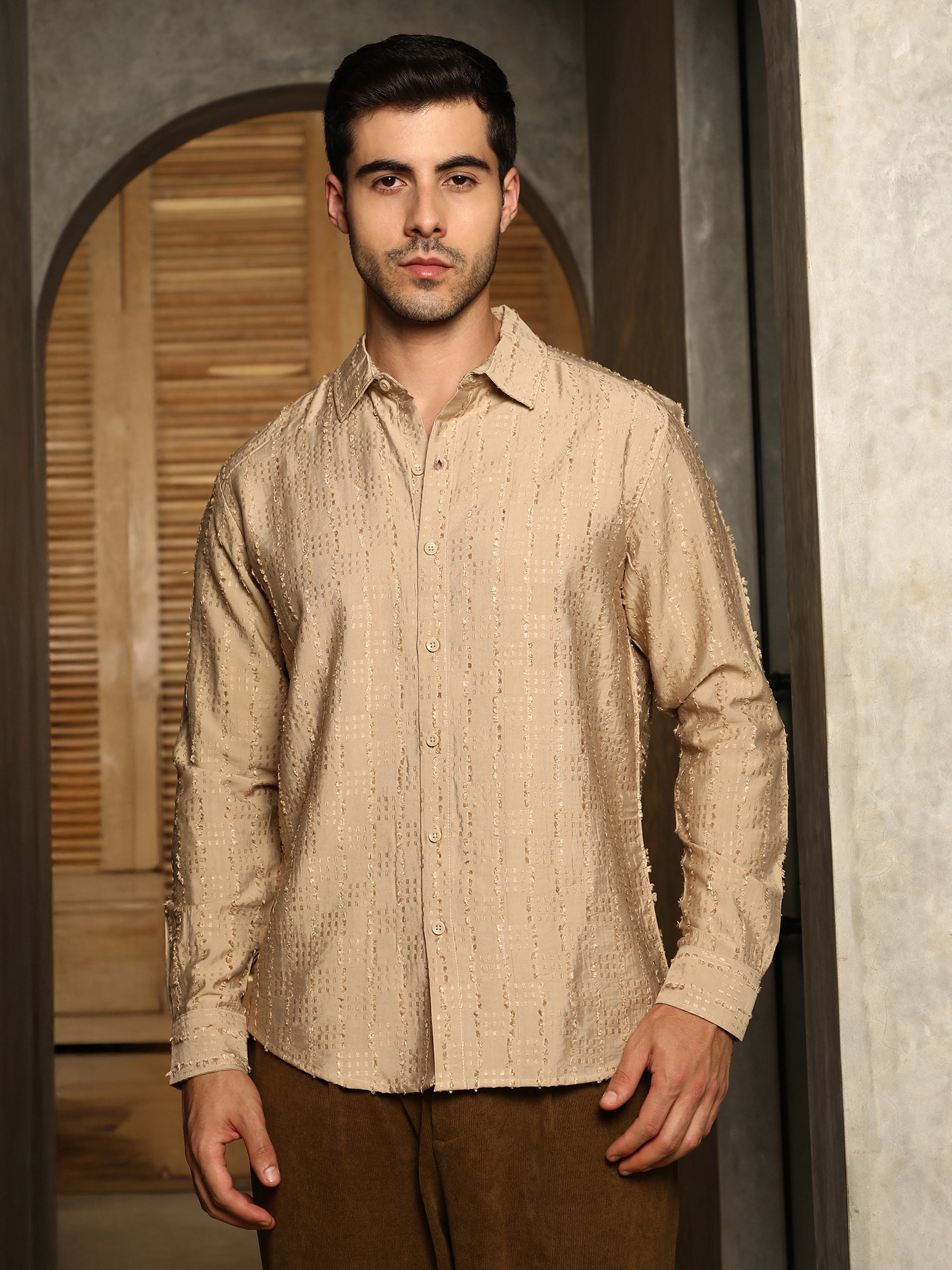 Men Beige Textured Striped Shirt