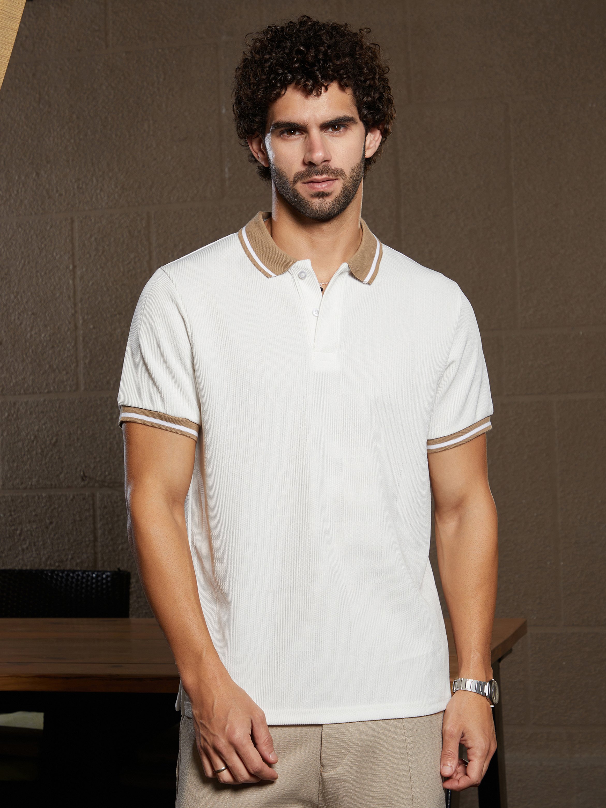 Men White Textured Polo