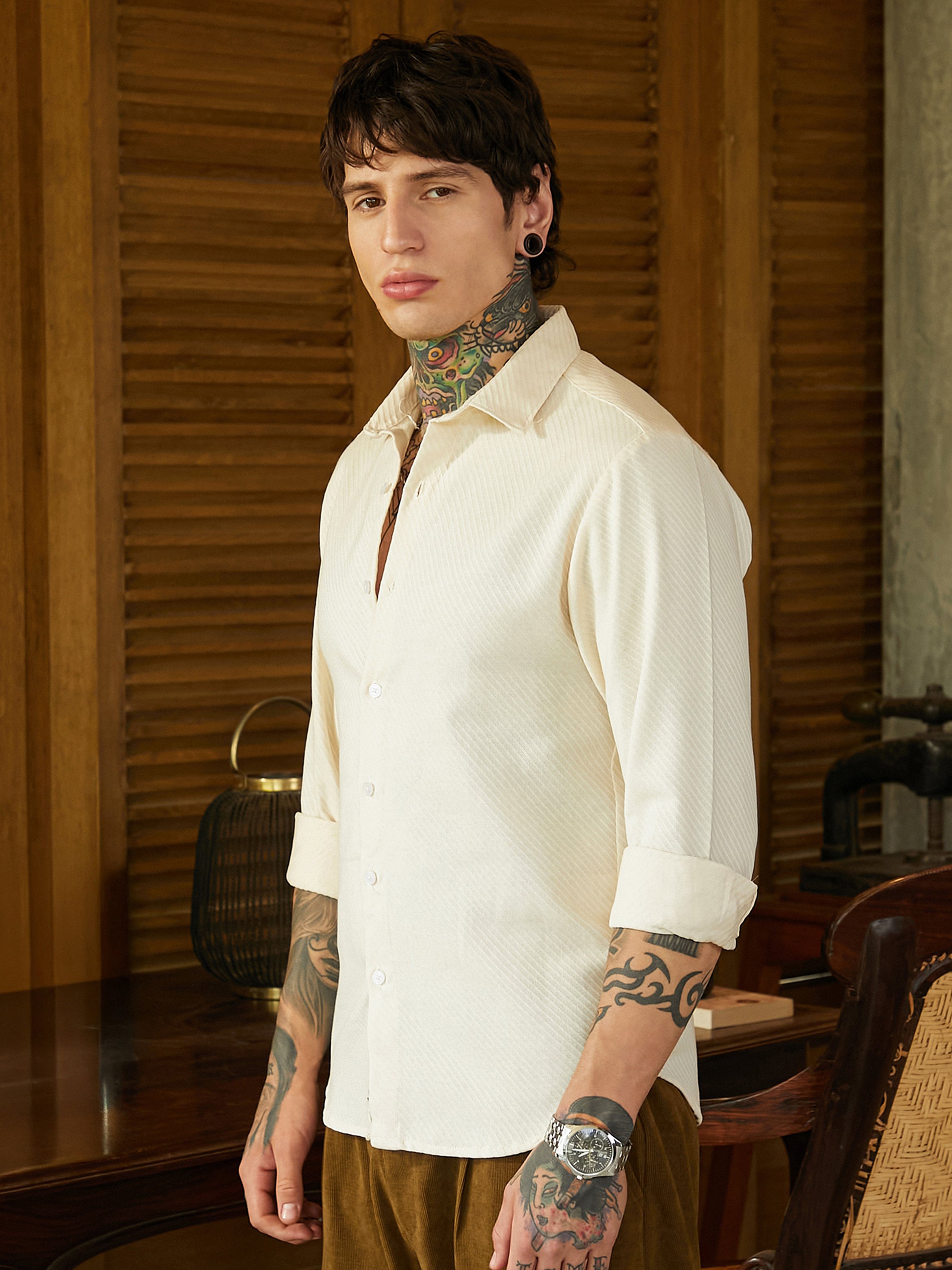 Men Off-White Textured Regular Shirt