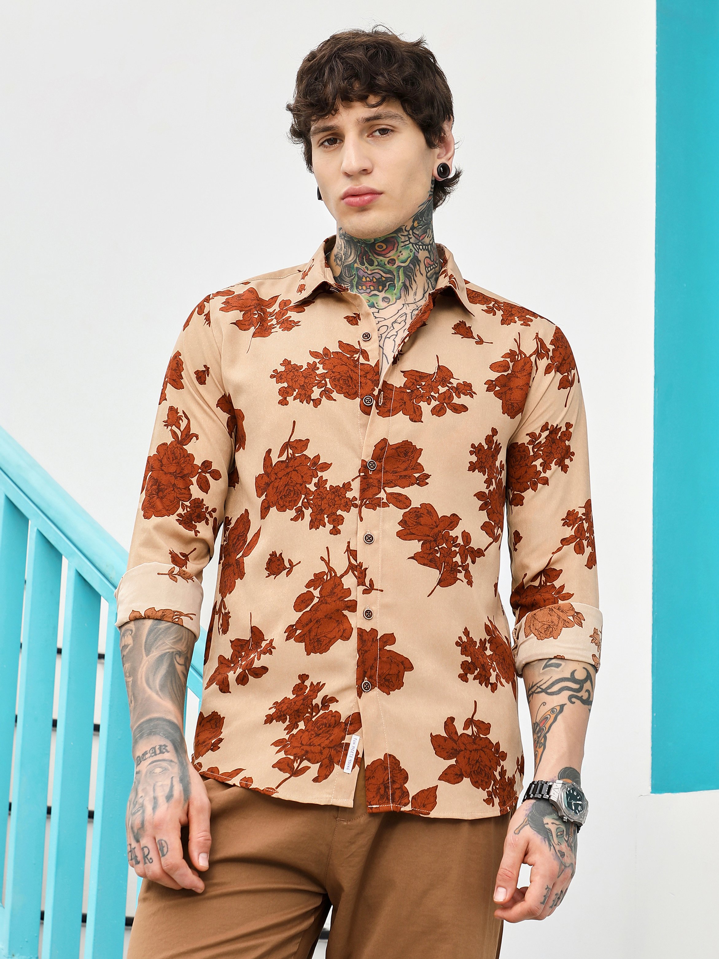 Men Contrast-Floral Print Buttoned Shirt