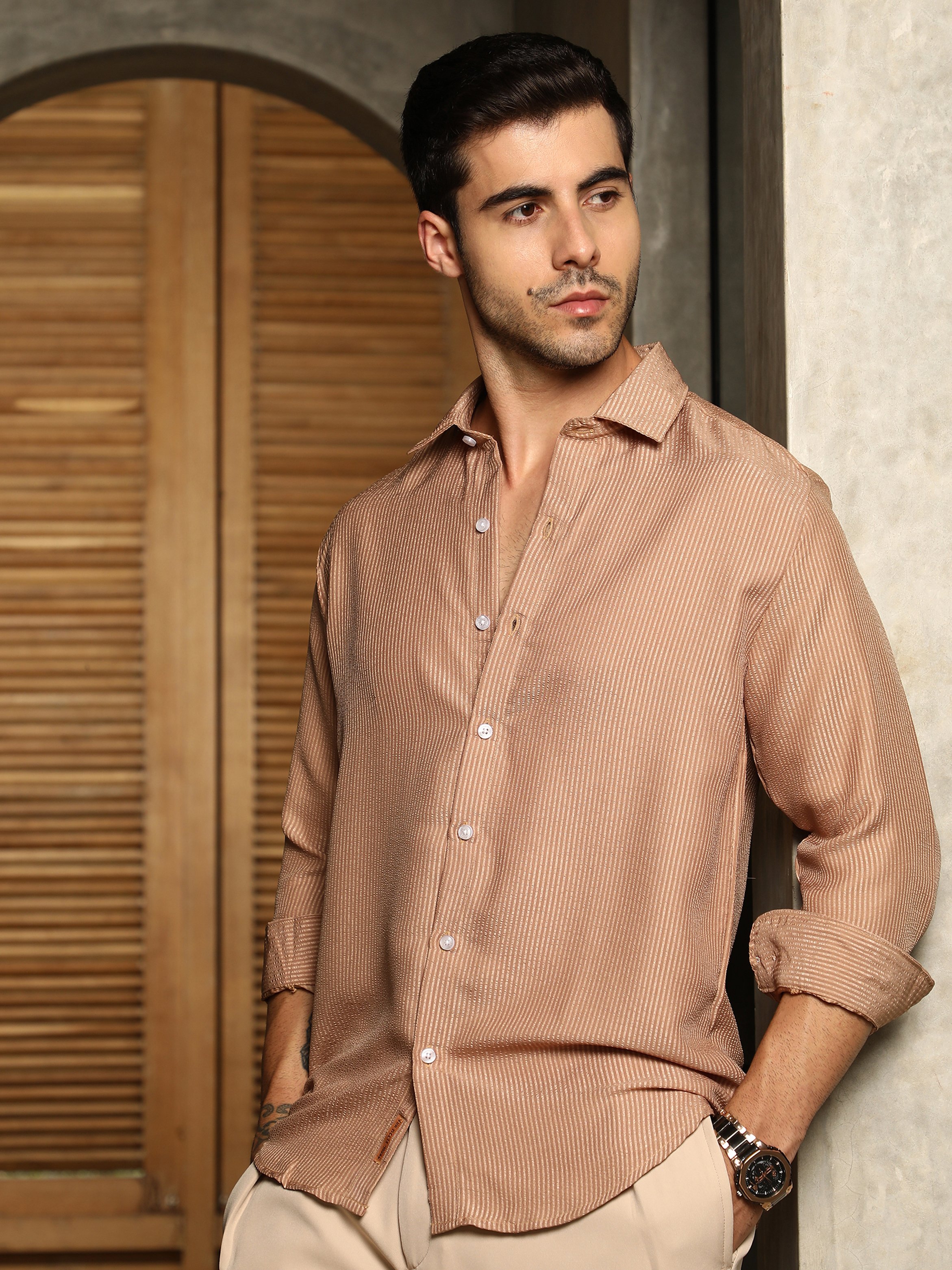 Men Brown Textured Regular Shirt