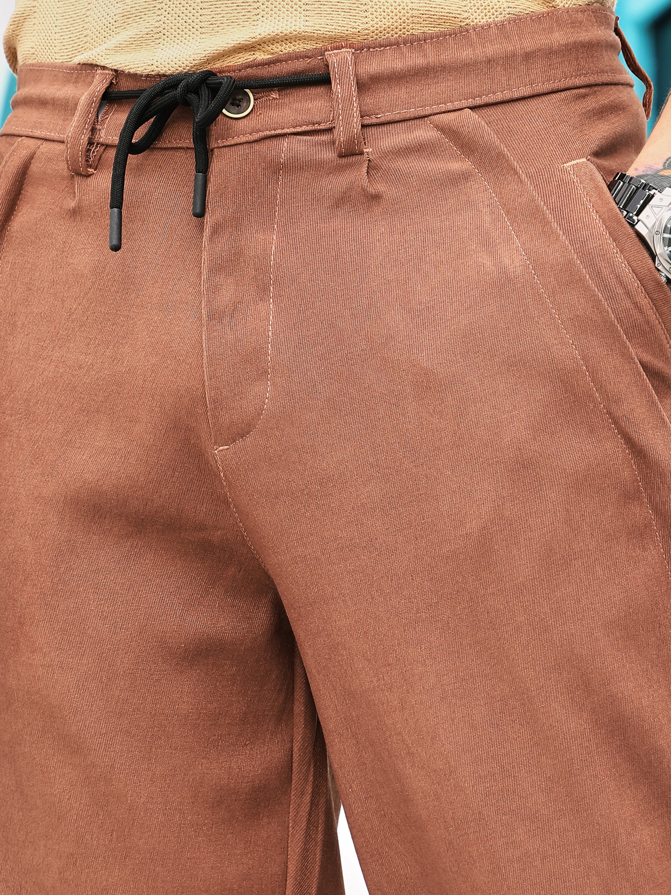 Men Rust Brown Twill-Panelled Chino Trousers