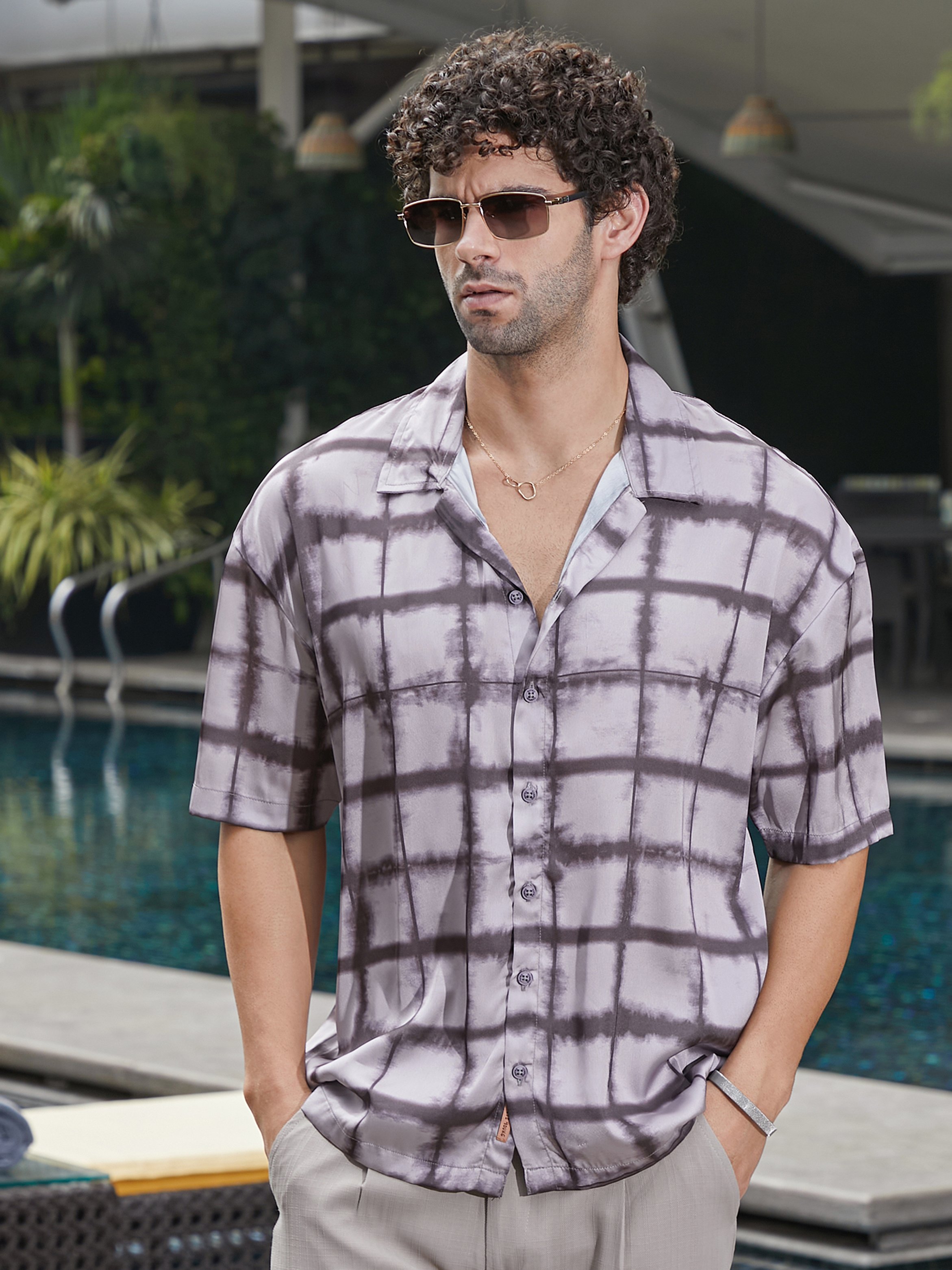 Men Charcoal Grey Satin Oversized Shirt