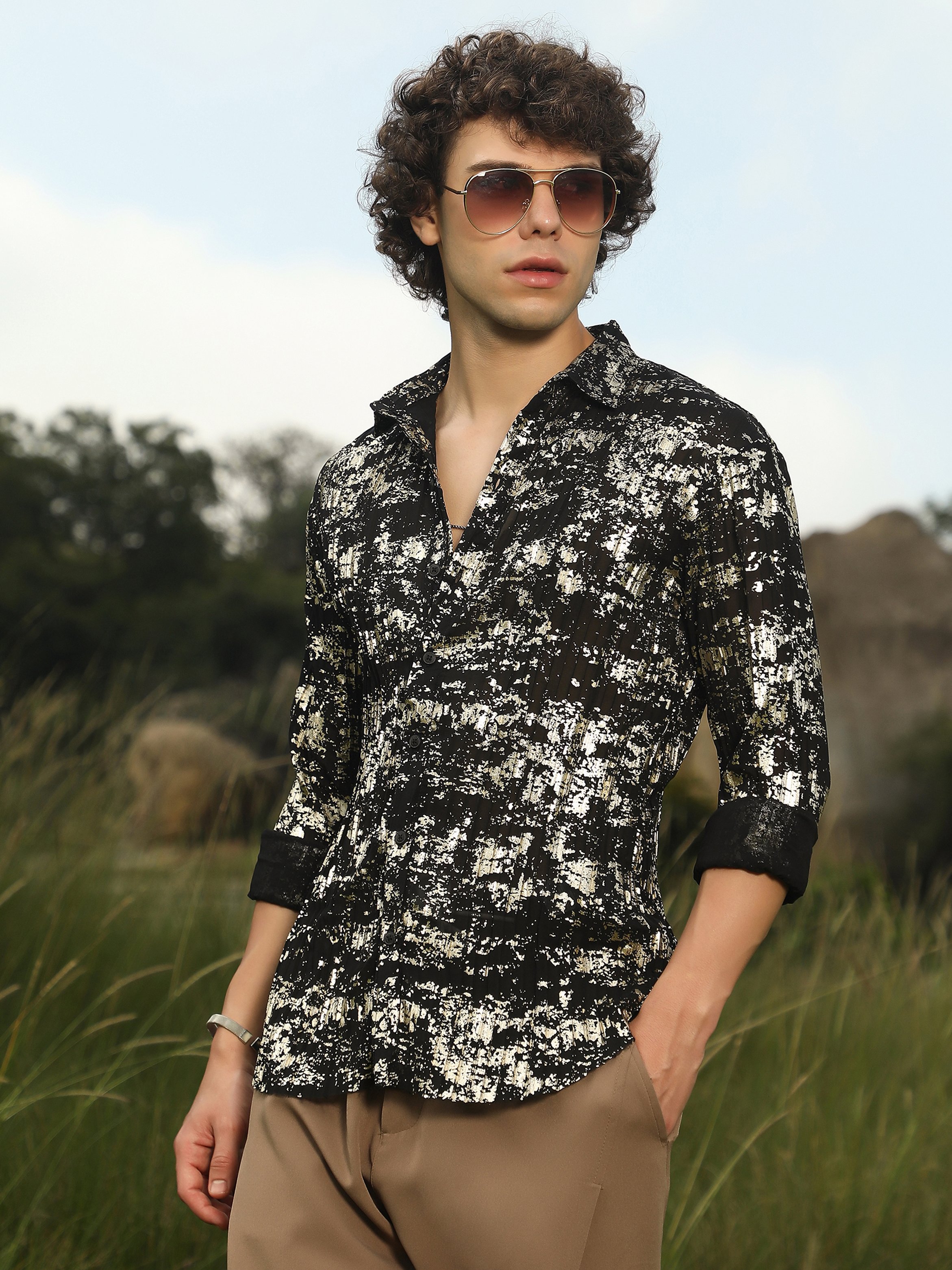 Men Black Textured Foil Print Shirt