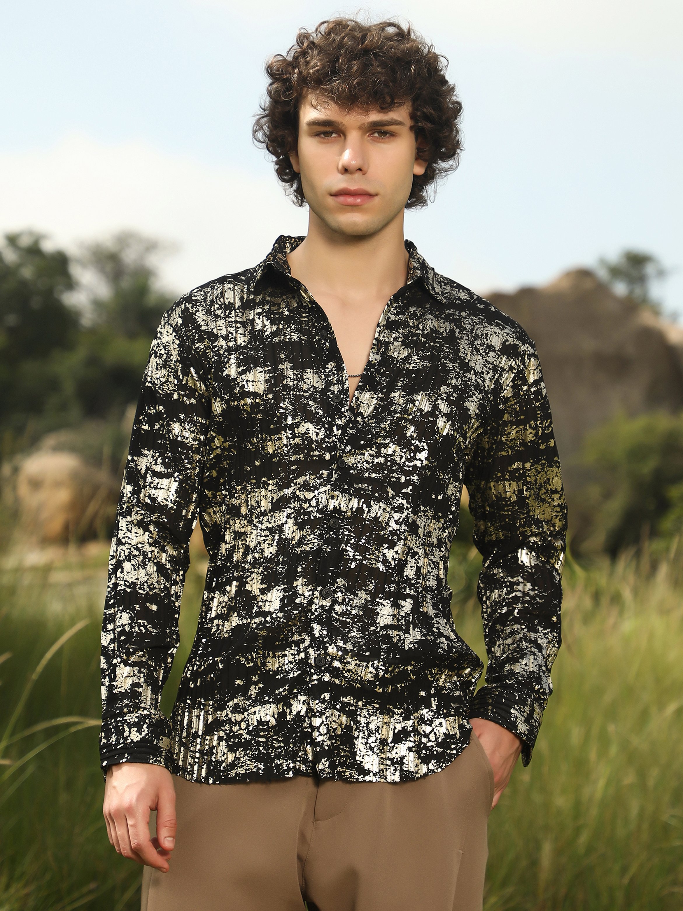 Men Black Textured Foil Print Shirt
