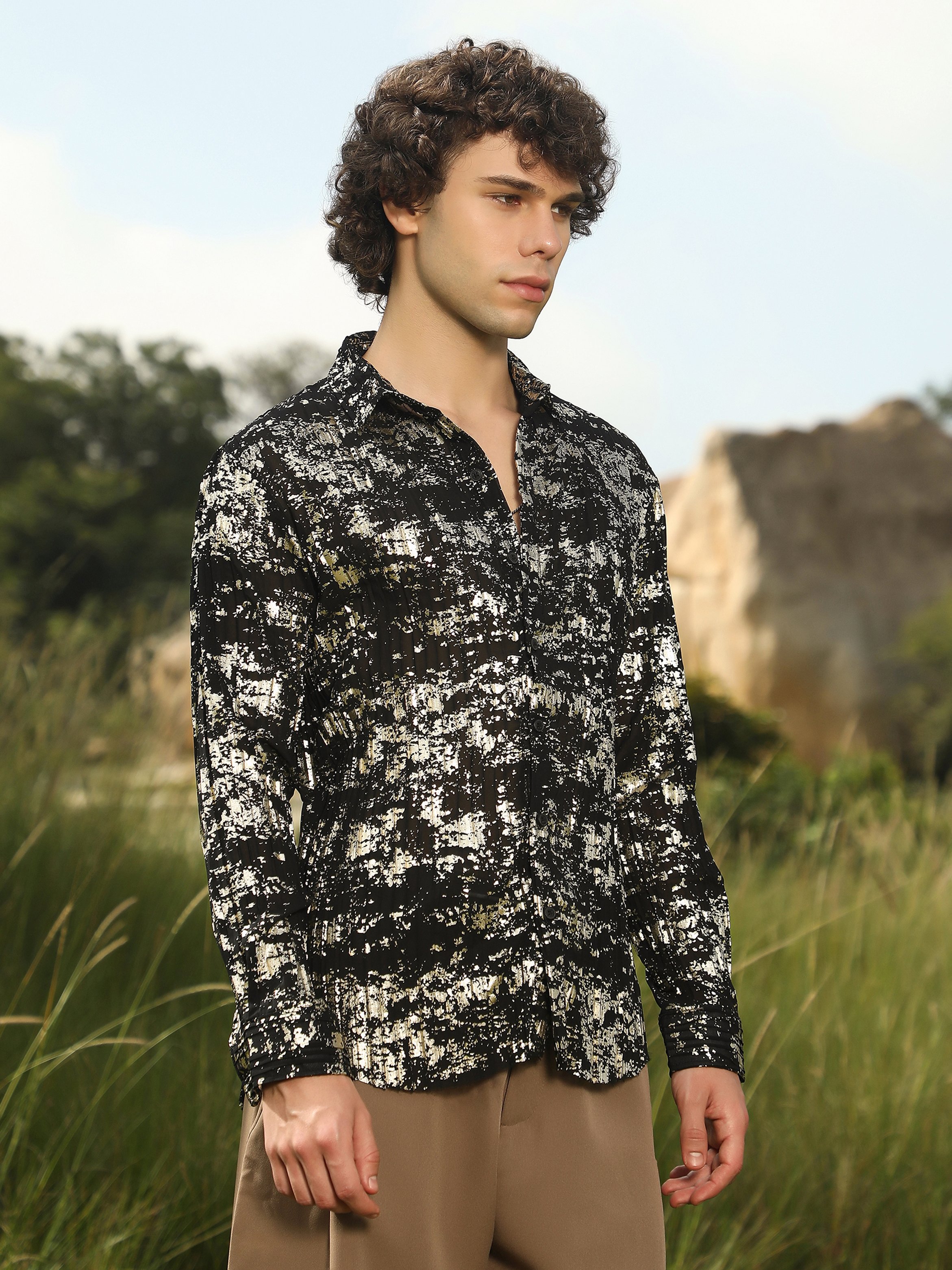 Men Black Textured Foil Print Shirt