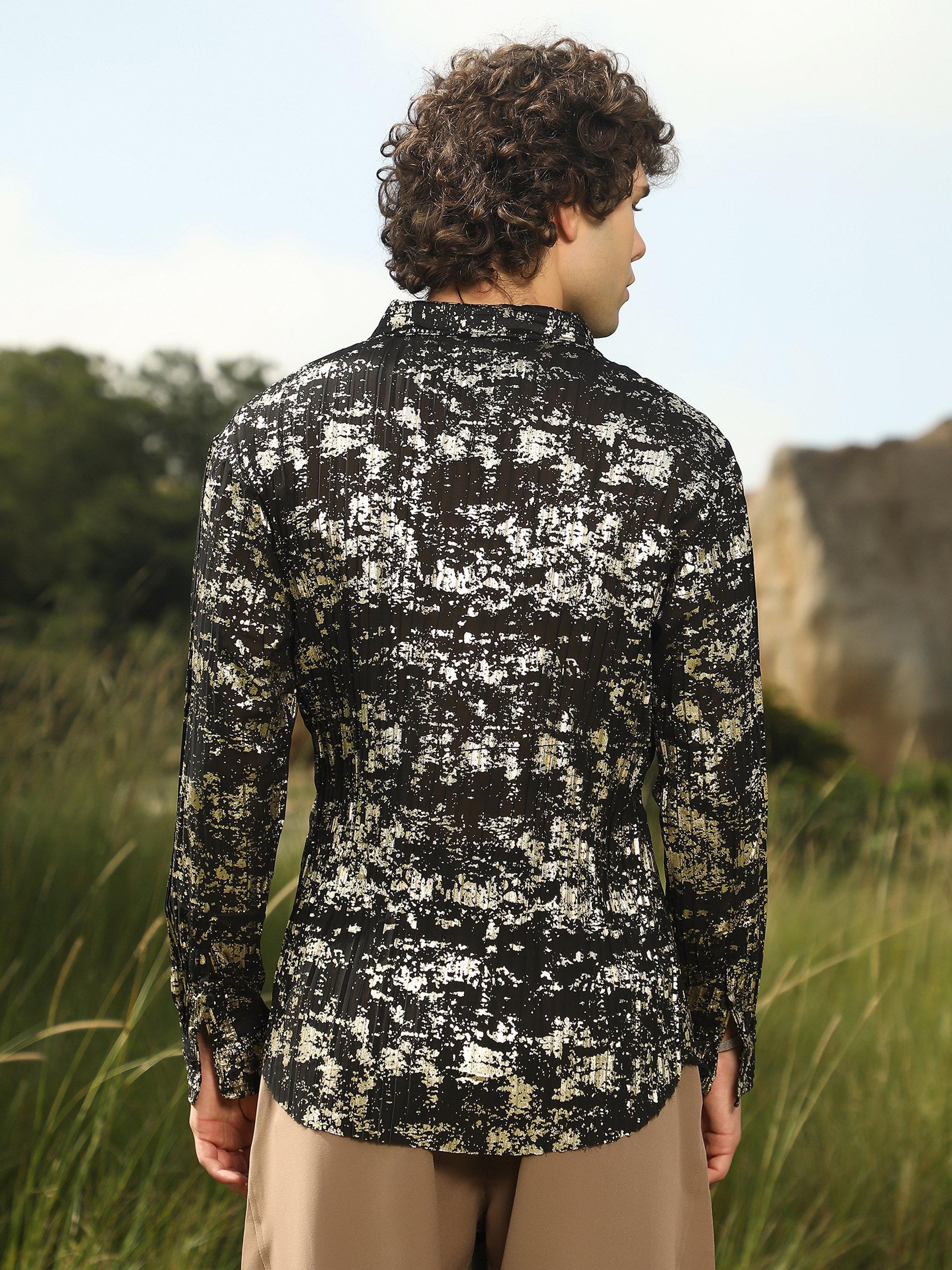 Men Black Textured Foil Print Shirt