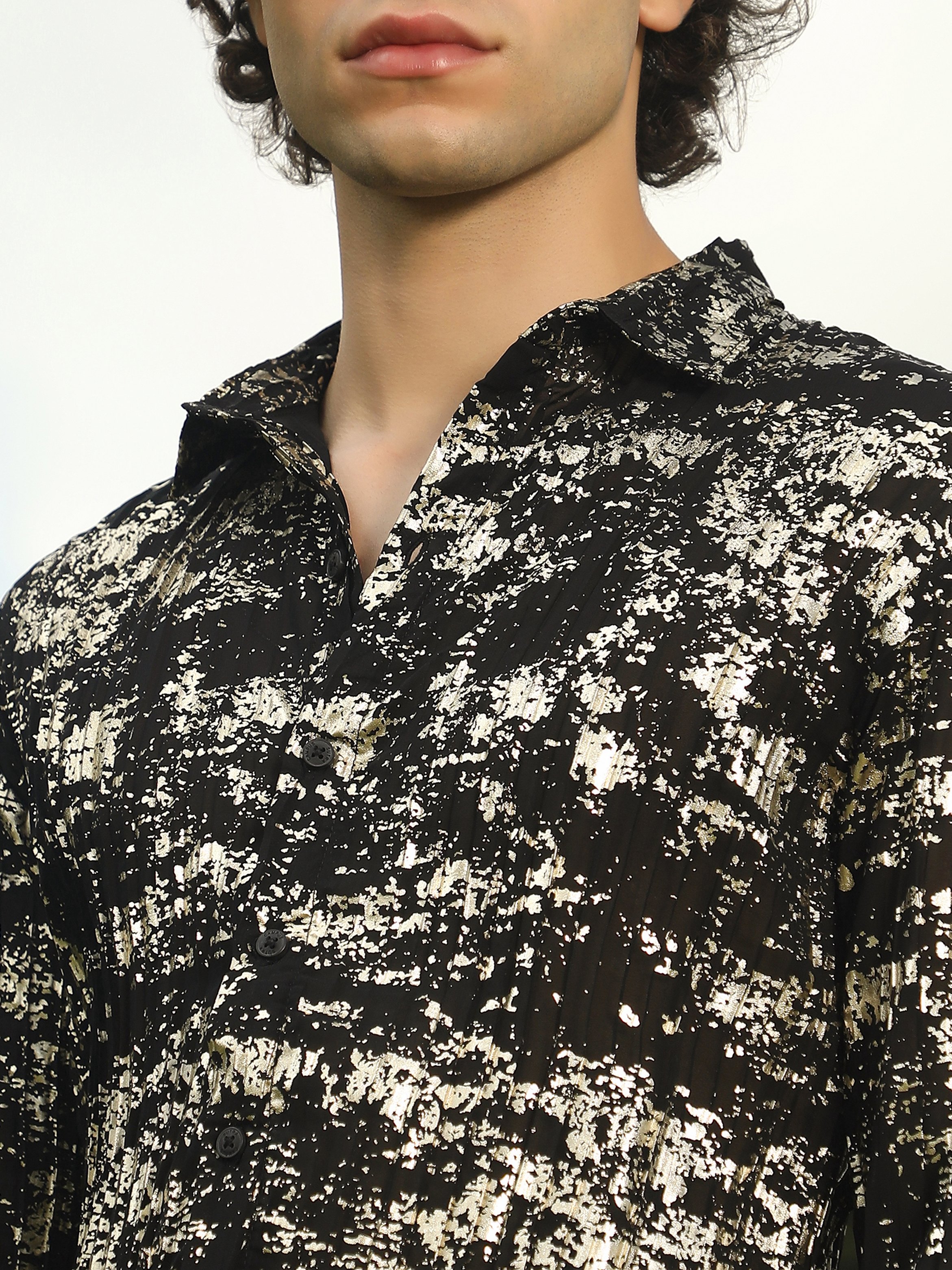 Men Black Textured Foil Print Shirt